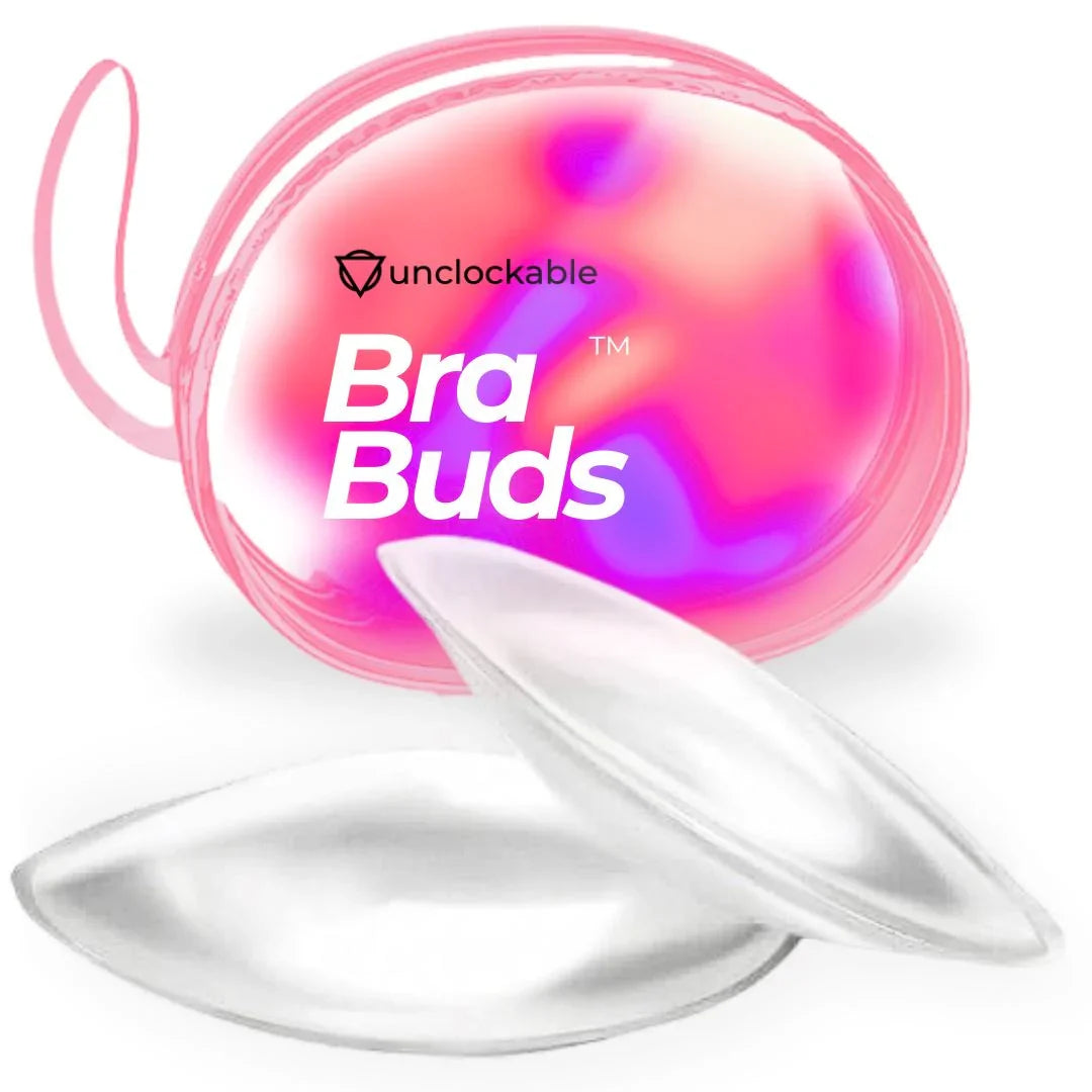 Pink iridescent Unclockable Bra Buds silicone case with clear oval breast forms