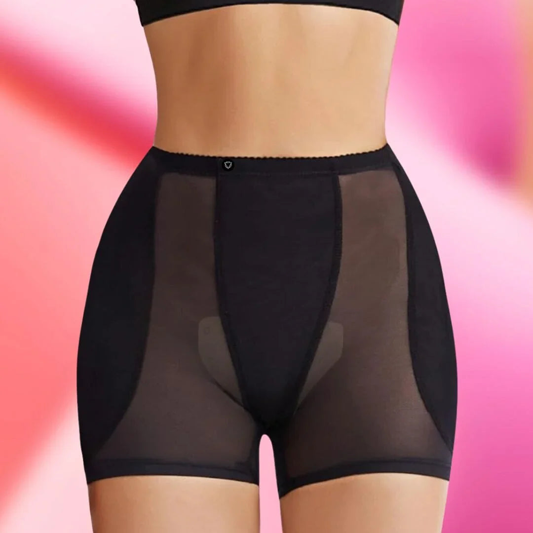 FEMME Curves Hipwear: black sheer high-waisted shorts with solid front panel