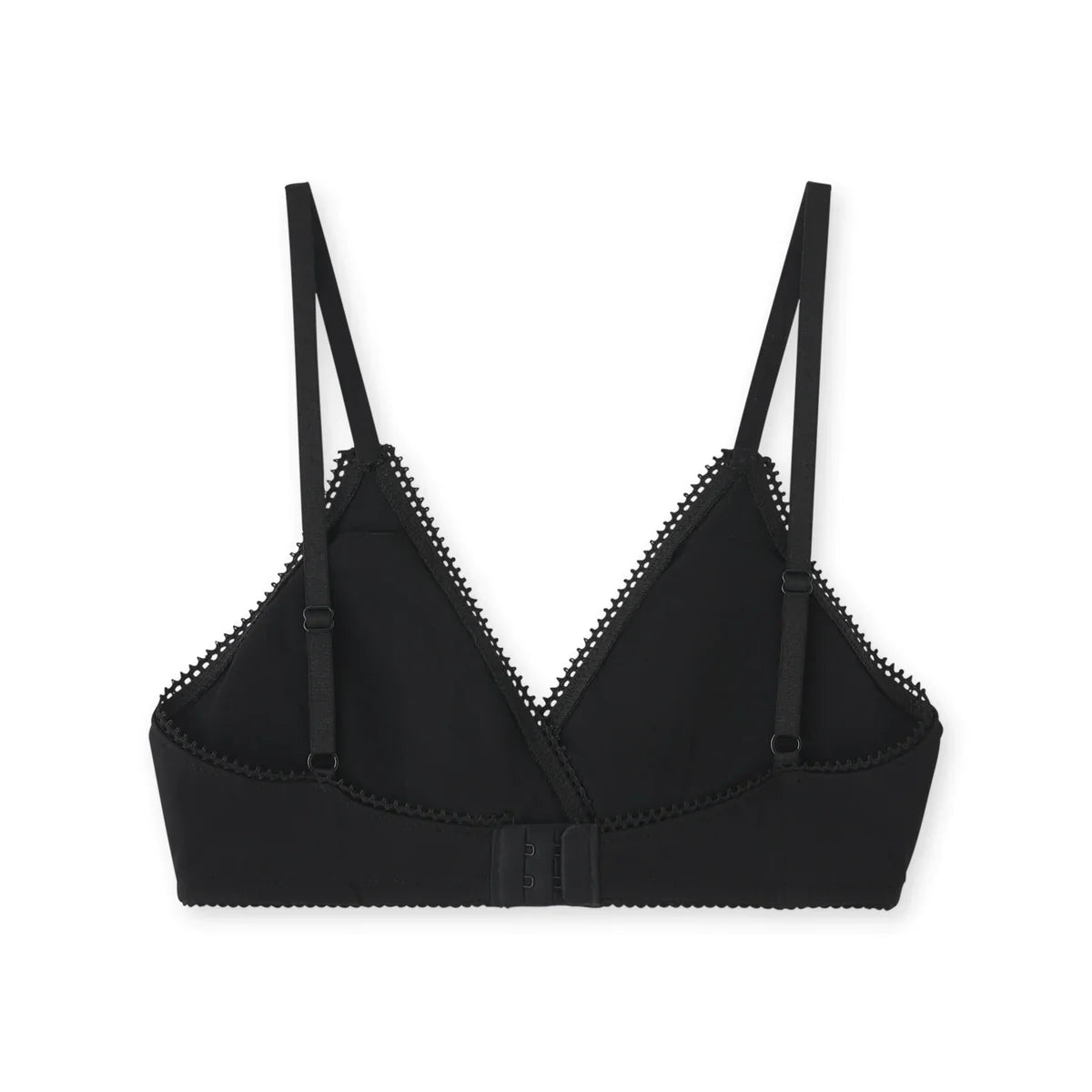 Brooke Pocket Bra: black triangle style with scalloped edges and adjustable straps
