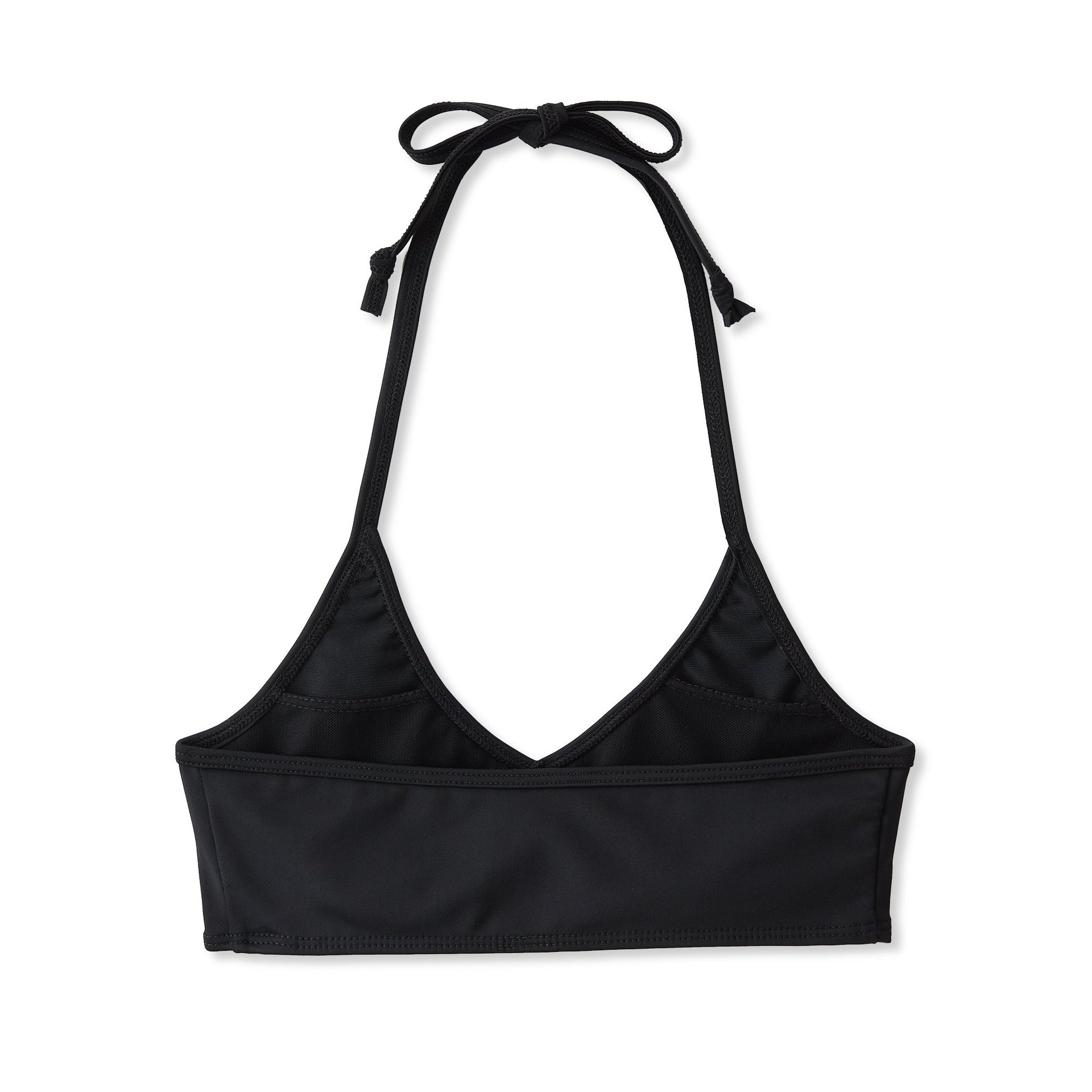 Mia Halter Bikini Top: black v-neck halter style with adjustable tie-back