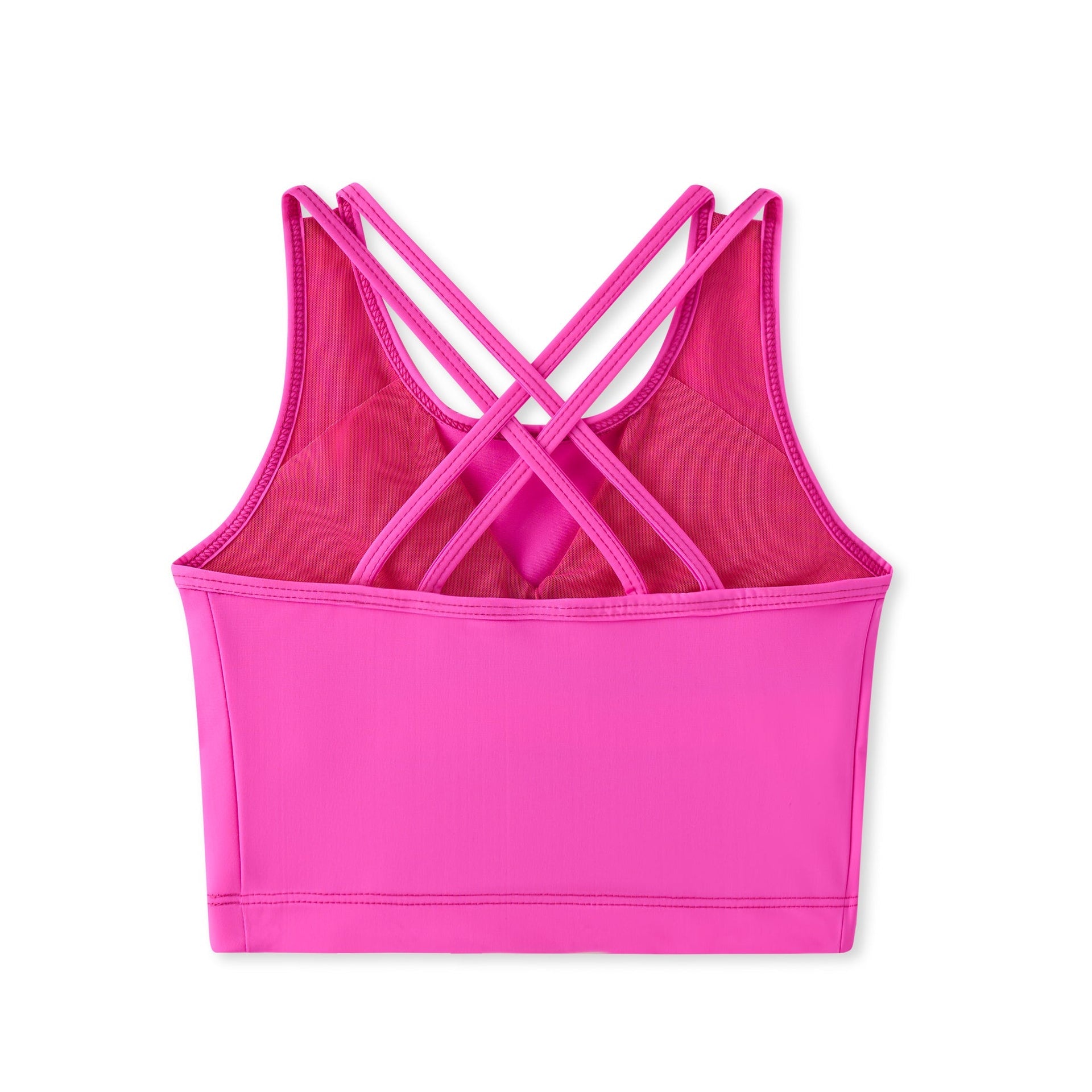 Vibrant pink Sunny Queeny Tankini sports bra with crisscross back and mesh