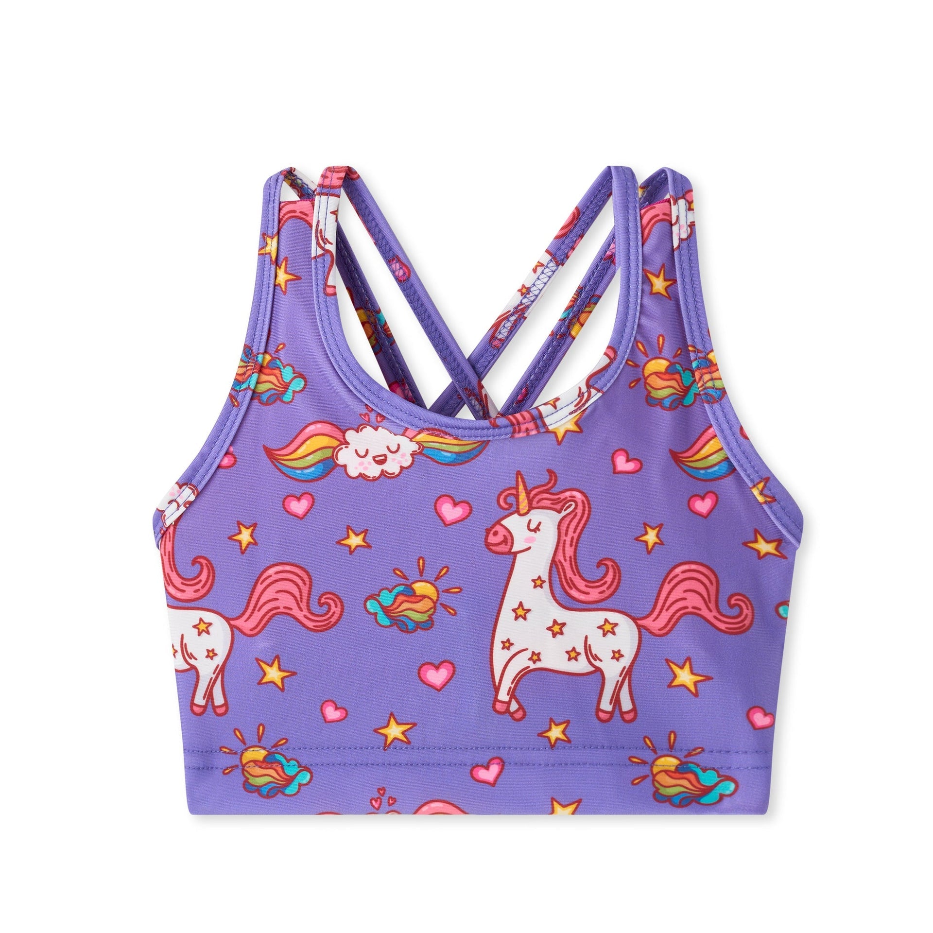 Purple unicorn Sunny Queeny Tankini sports bra with crisscross straps