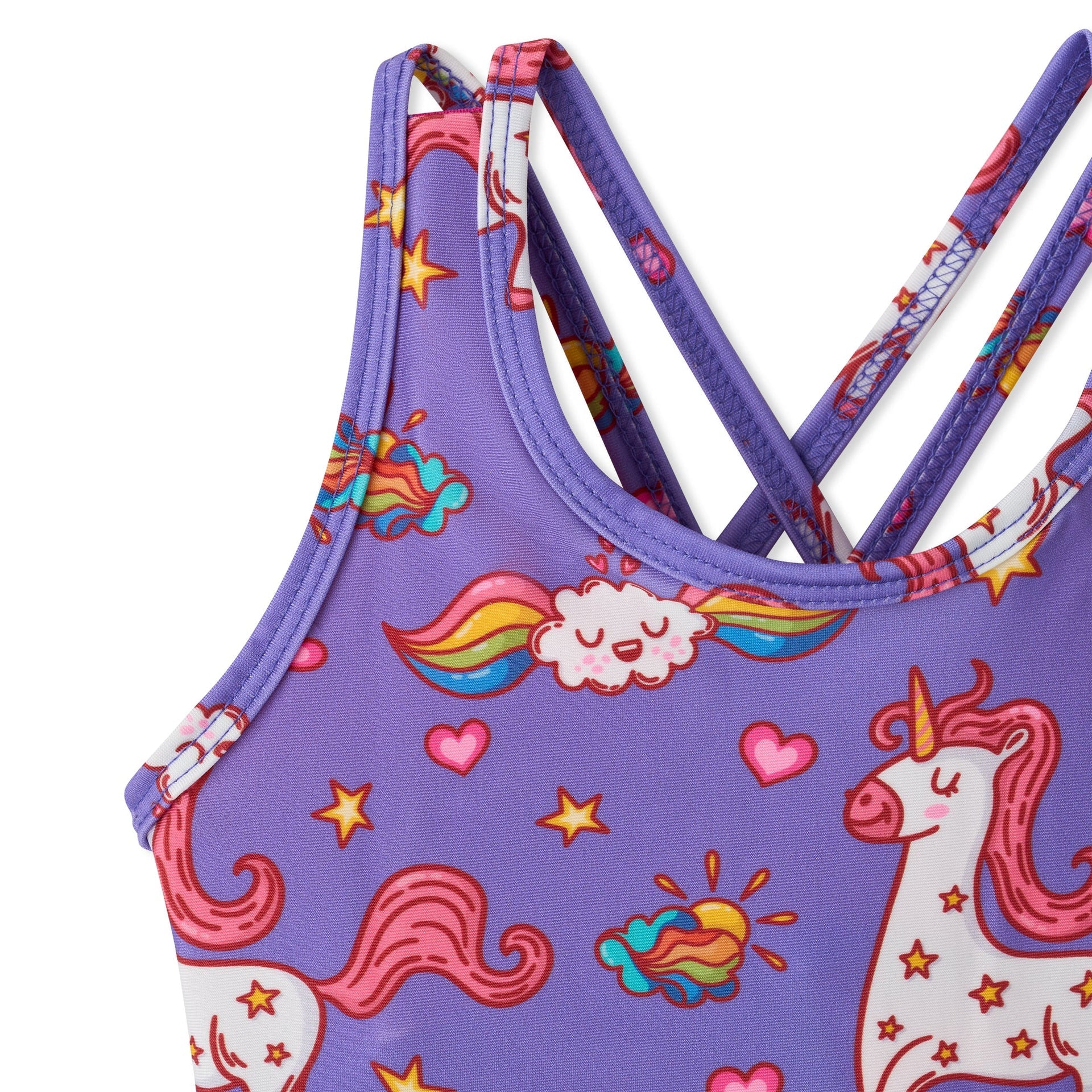 Purple unicorn Sunny Queeny tankini with crisscross straps and playful pattern
