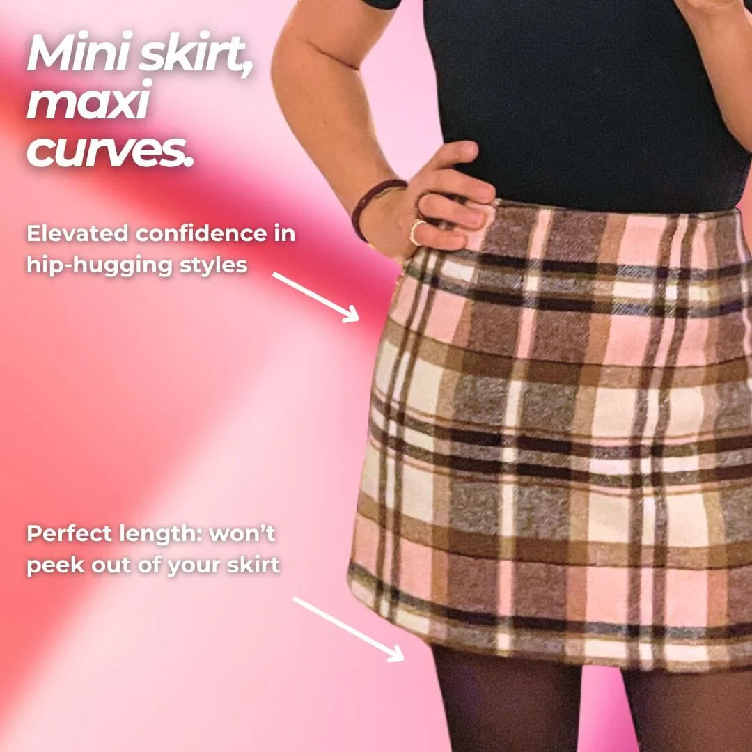 Pink brown cream plaid mini skirt, FEMME Curves Hipwear, hip-hugging fit
