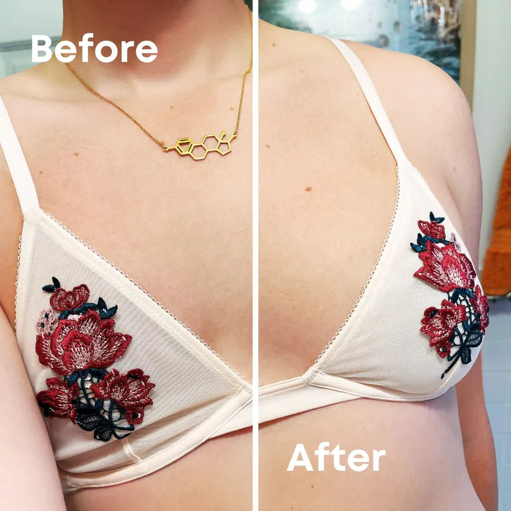 Before and after photo of someone wearing bra buds in a white bra