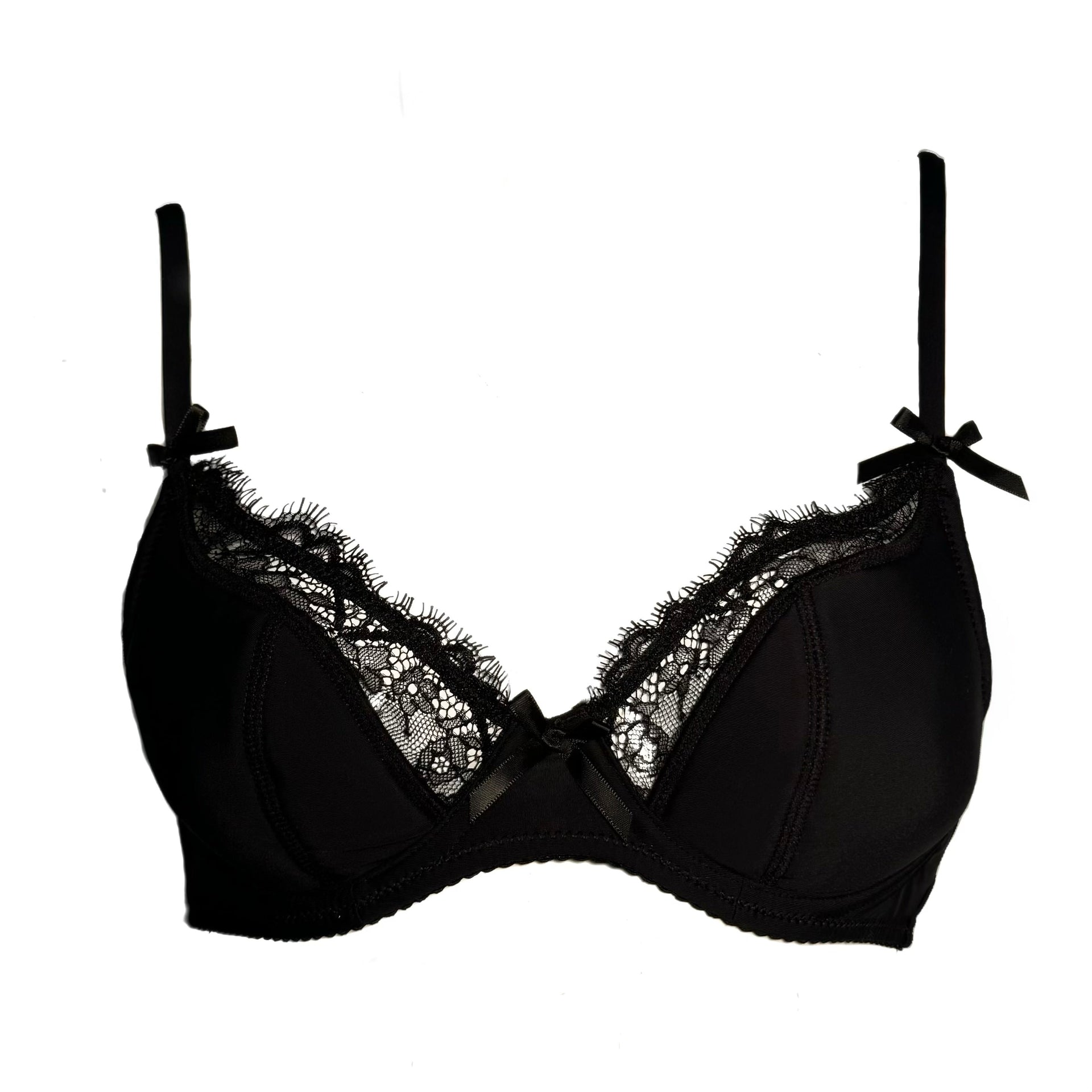 Lace Joy Bra: black lace-trimmed with satin straps and central bow