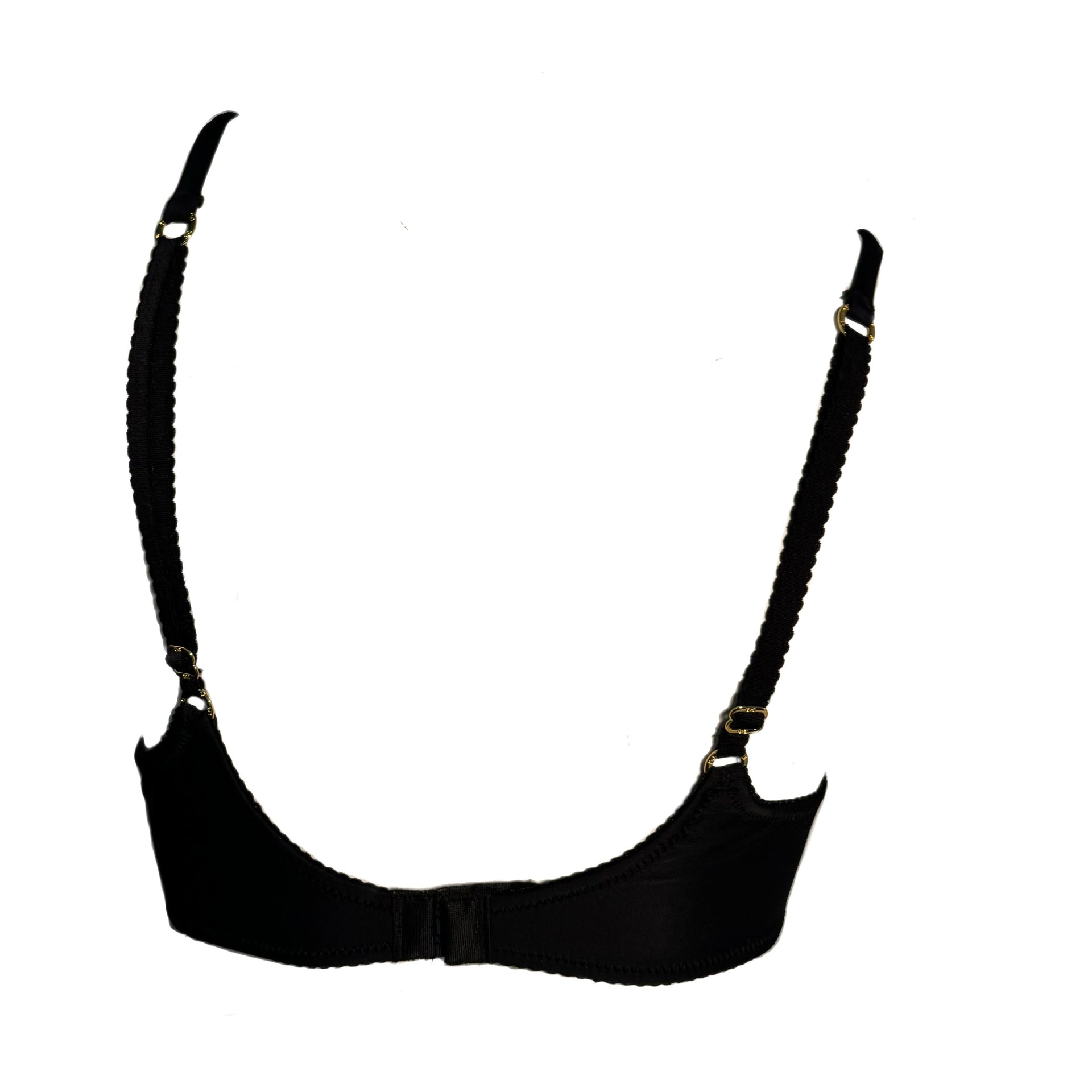 Black Lace Joy bra in satin with gold hardware and scalloped edges