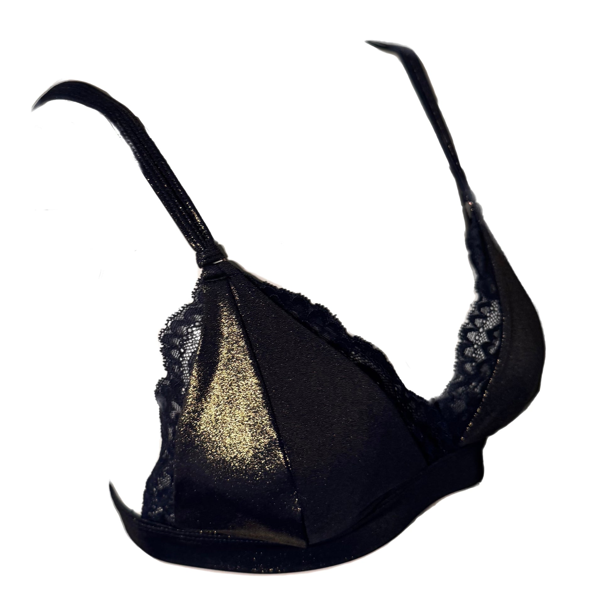 Lana Luxx black triangle bralette with gold glitter panel and lace trim