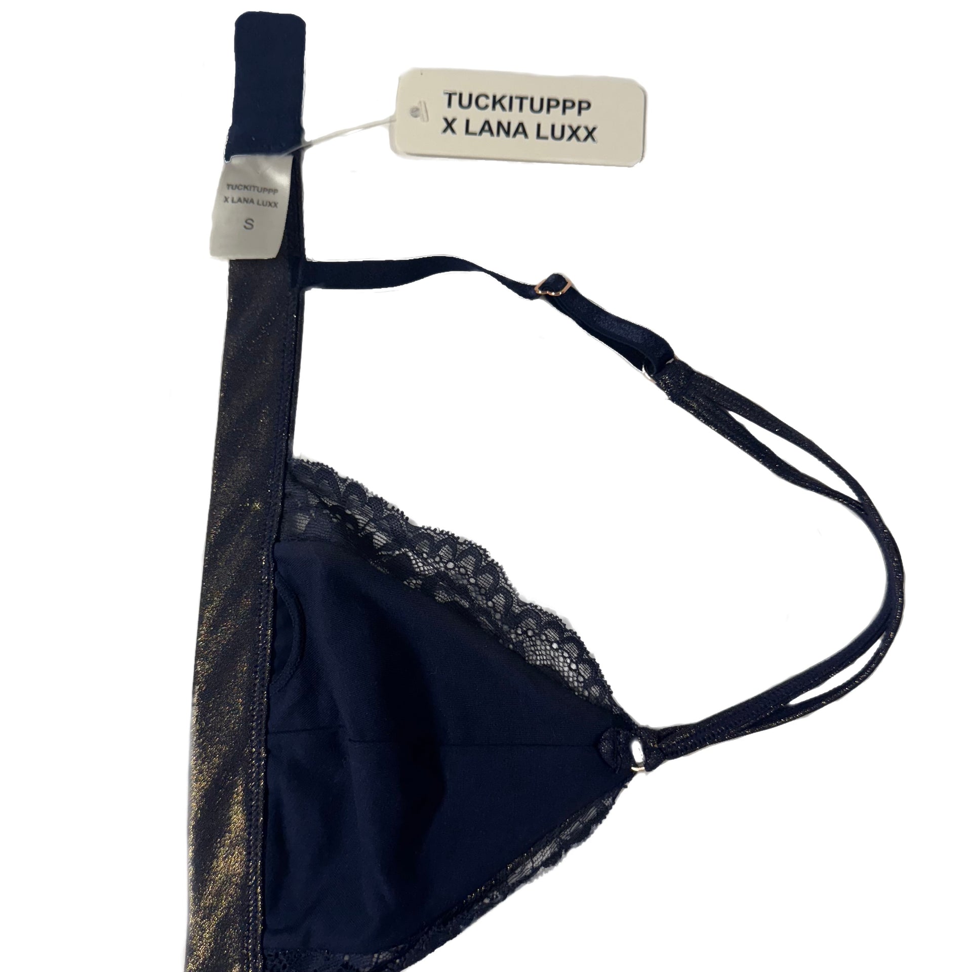 Lana Luxx Bralette: black lace-trimmed bra with metallic panel
