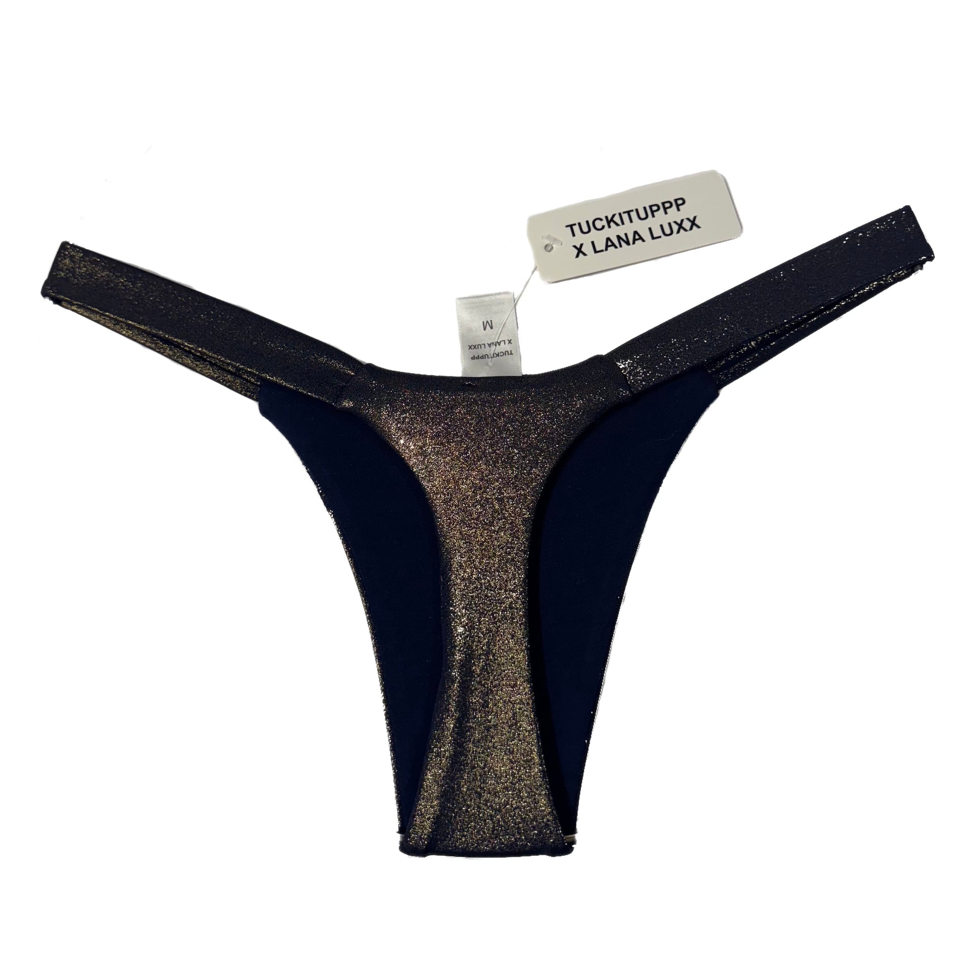 Lana Luxx black and gold glittery tuck thong with shiny finish