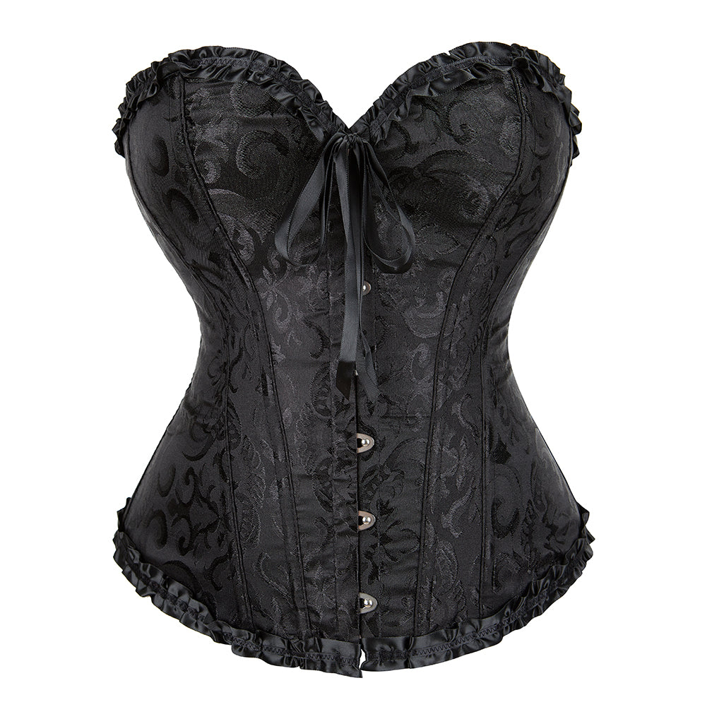 Victorian corset in black satin with intricate paisley embroidery and ruffled trim for elegant wear