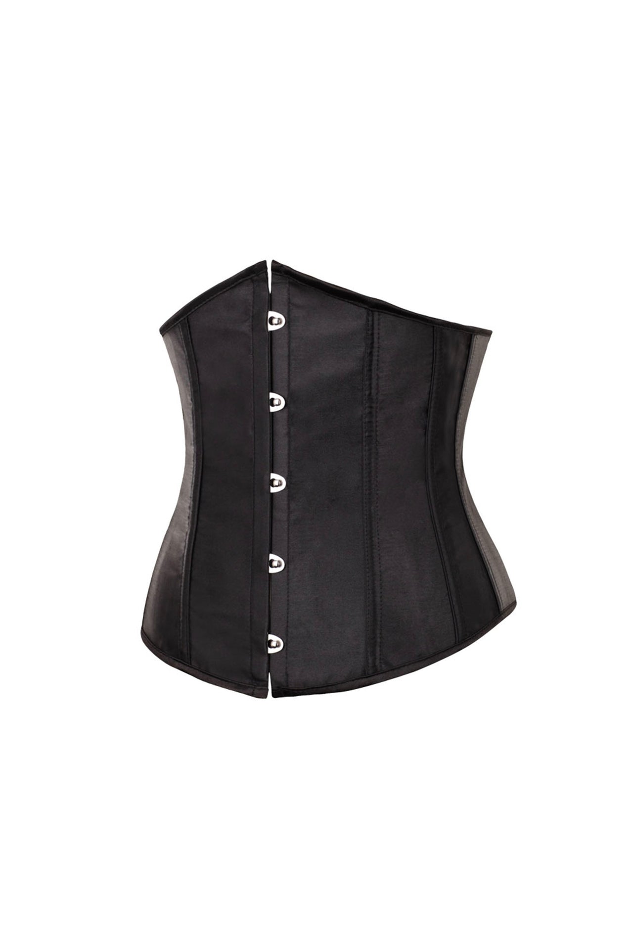 Black satin corset with silver-toned metal clasps and hourglass silhouette