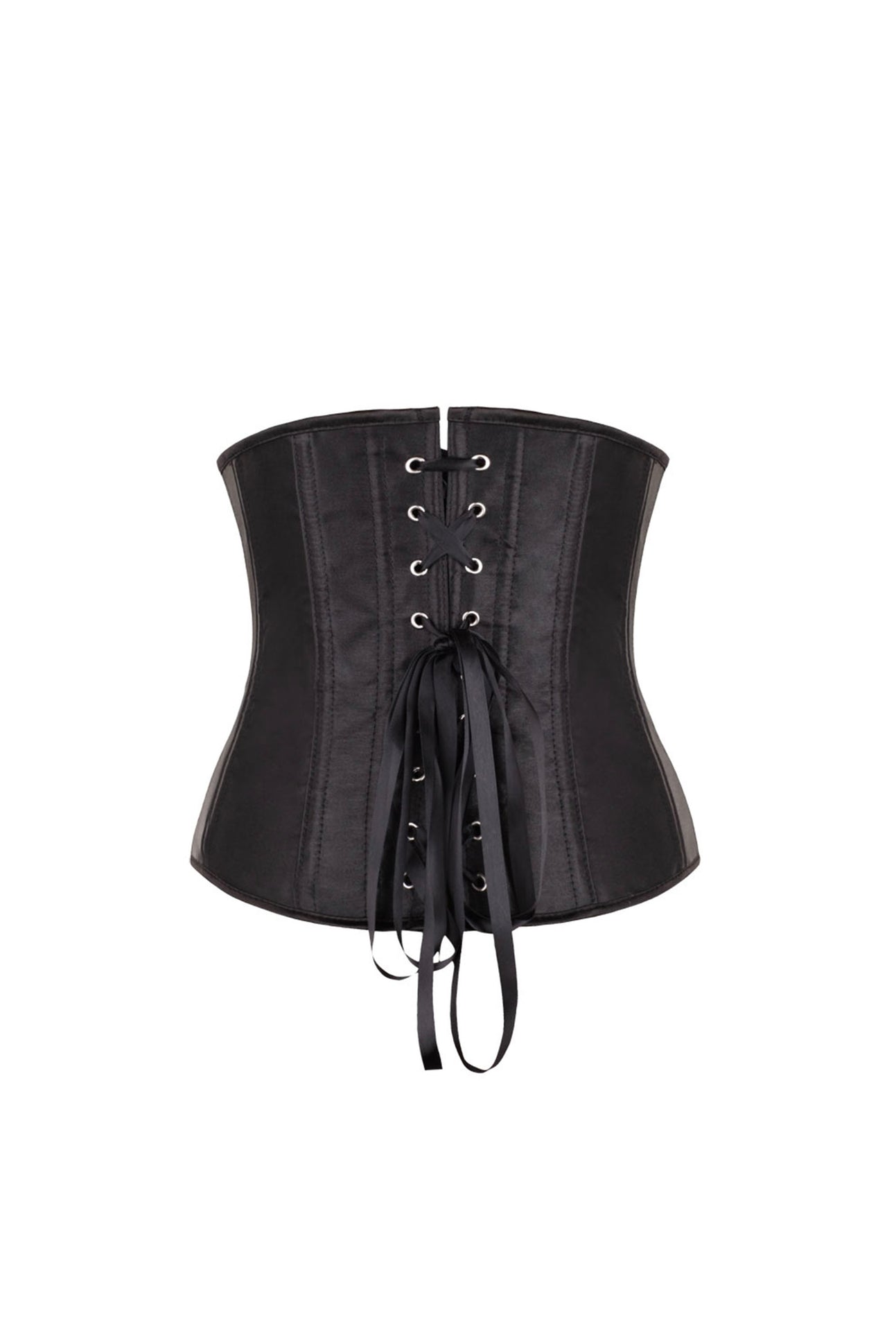 Black satin corset with silver eyelets and matching lacing
