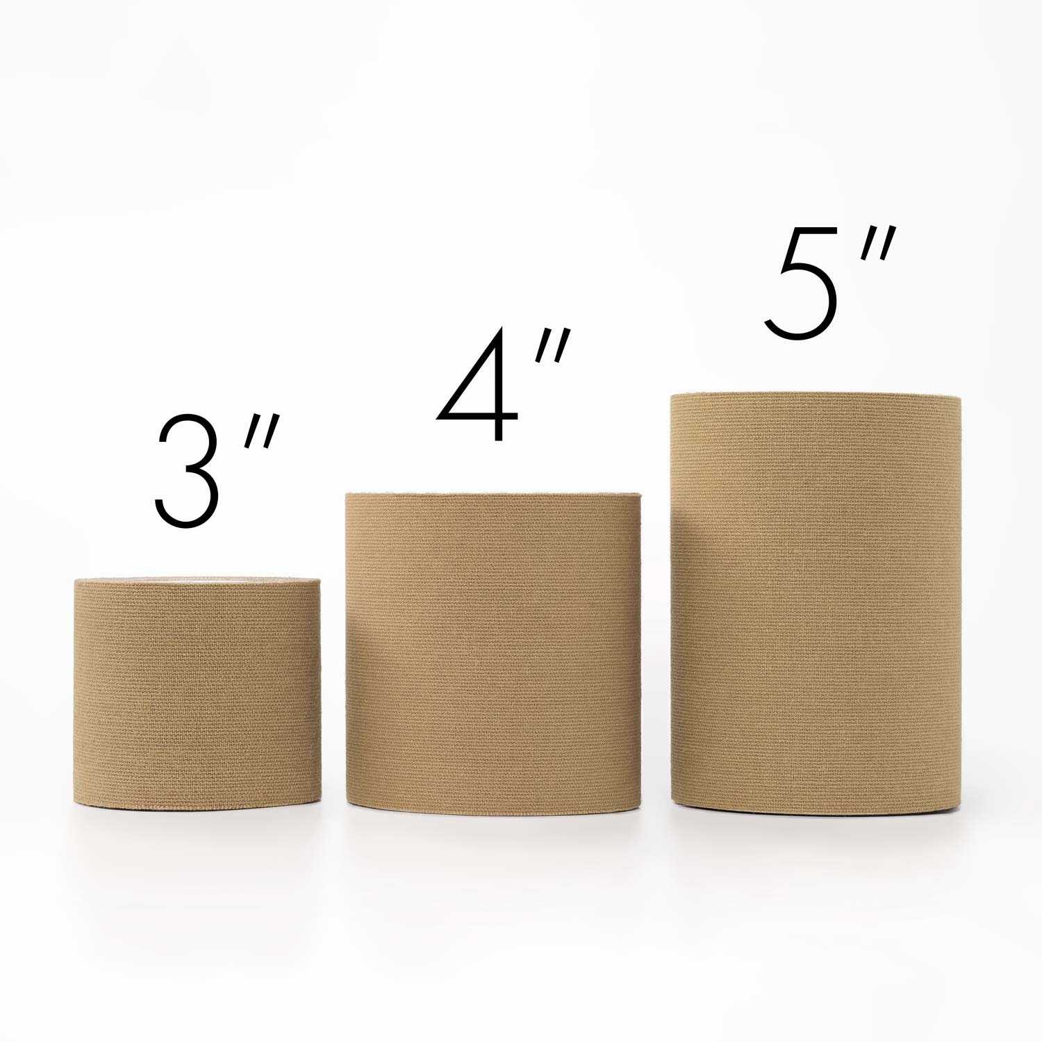 Three tan textured cylindrical containers: 3in, 4in, 5in for 5’’ Binding Tape
