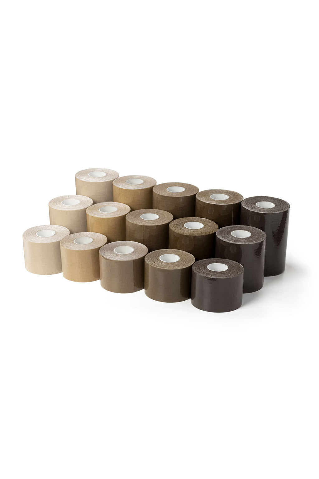 A set of 5 inch binding tape adhesive rolls in various beige to brown shades on a white background