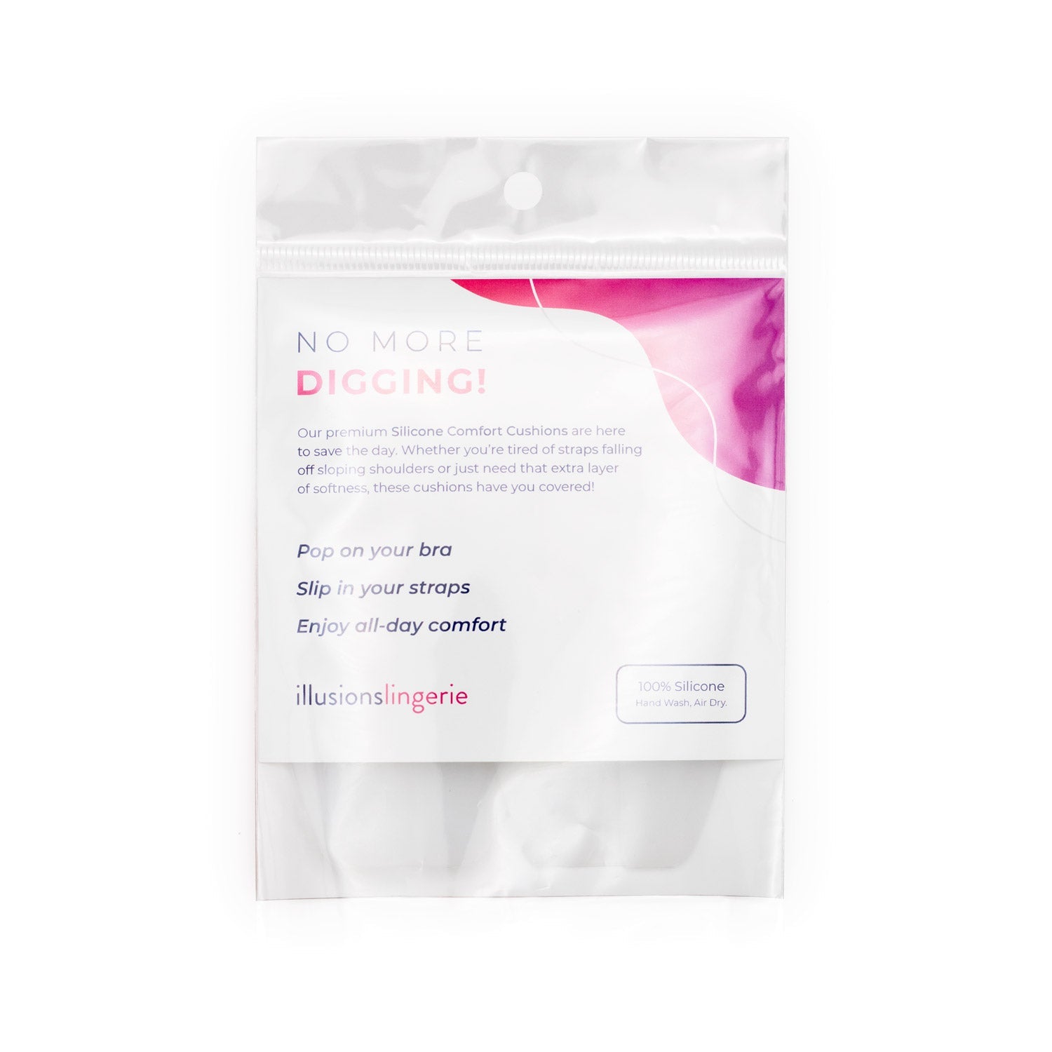 Pink and white silicone bra strap cushions in clear plastic package
