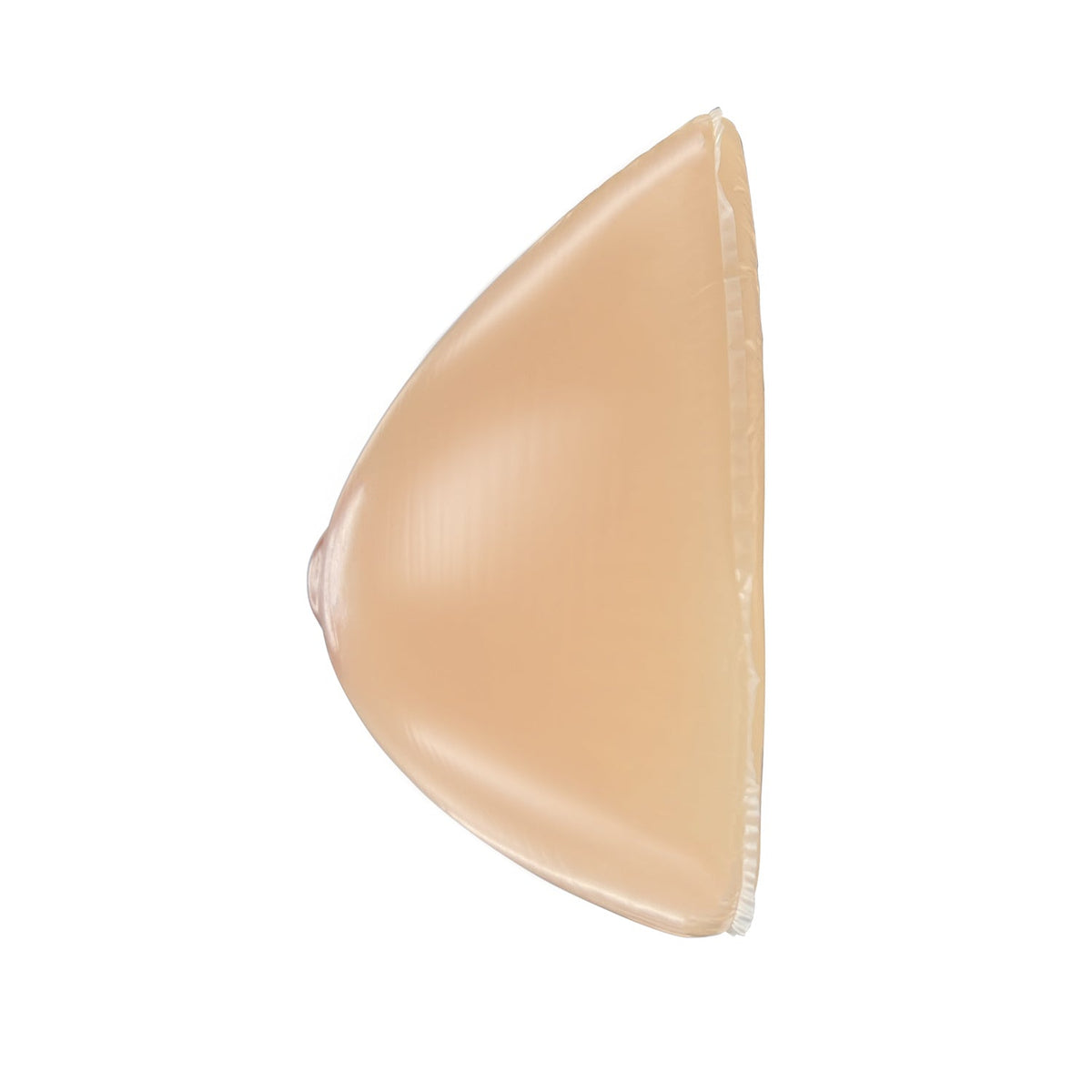 Beige silicone breast form with smooth glossy finish and textured edge