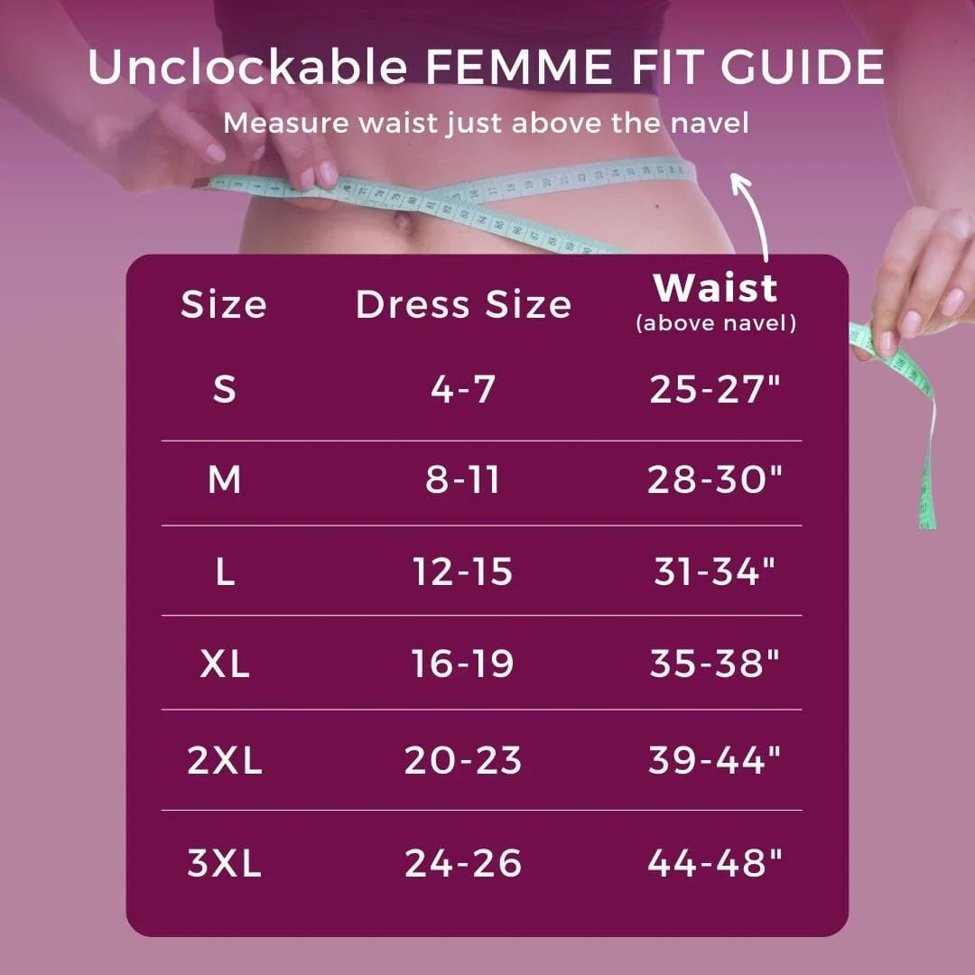 Femme Curves Hipwear size chart for unlockable femme fit guide dress, S-3XL inches
