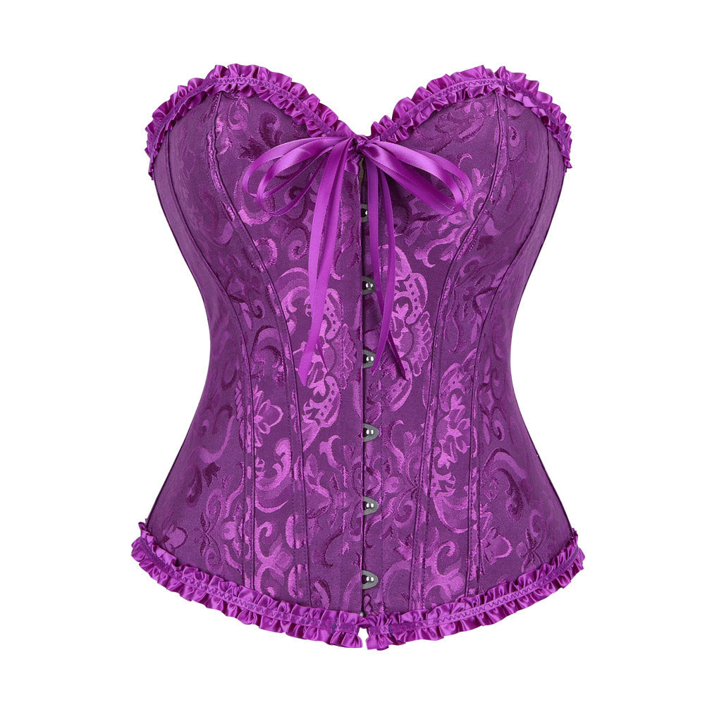 Victorian corset in purple lace with ruffled trim and satin bow at the center for elegant wear