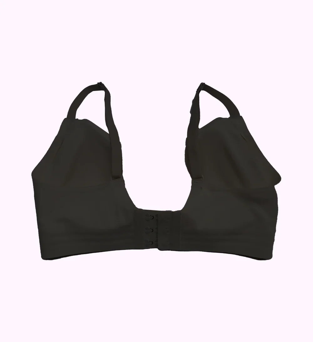 Ava Seamless Shaping Bra in black with adjustable straps and front button closure