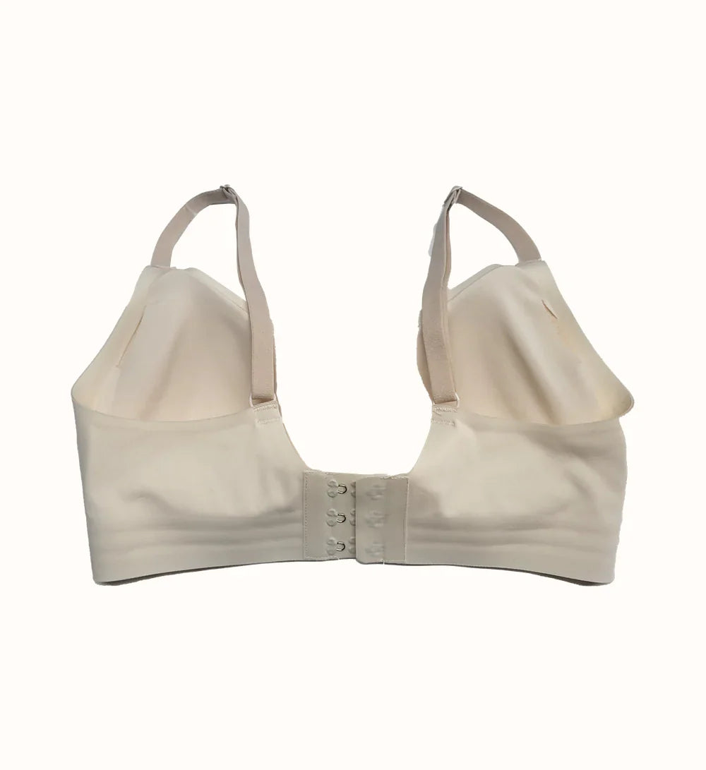 Ava Seamless Shaping Bra: beige underwire with adjustable straps and silver hook front closure