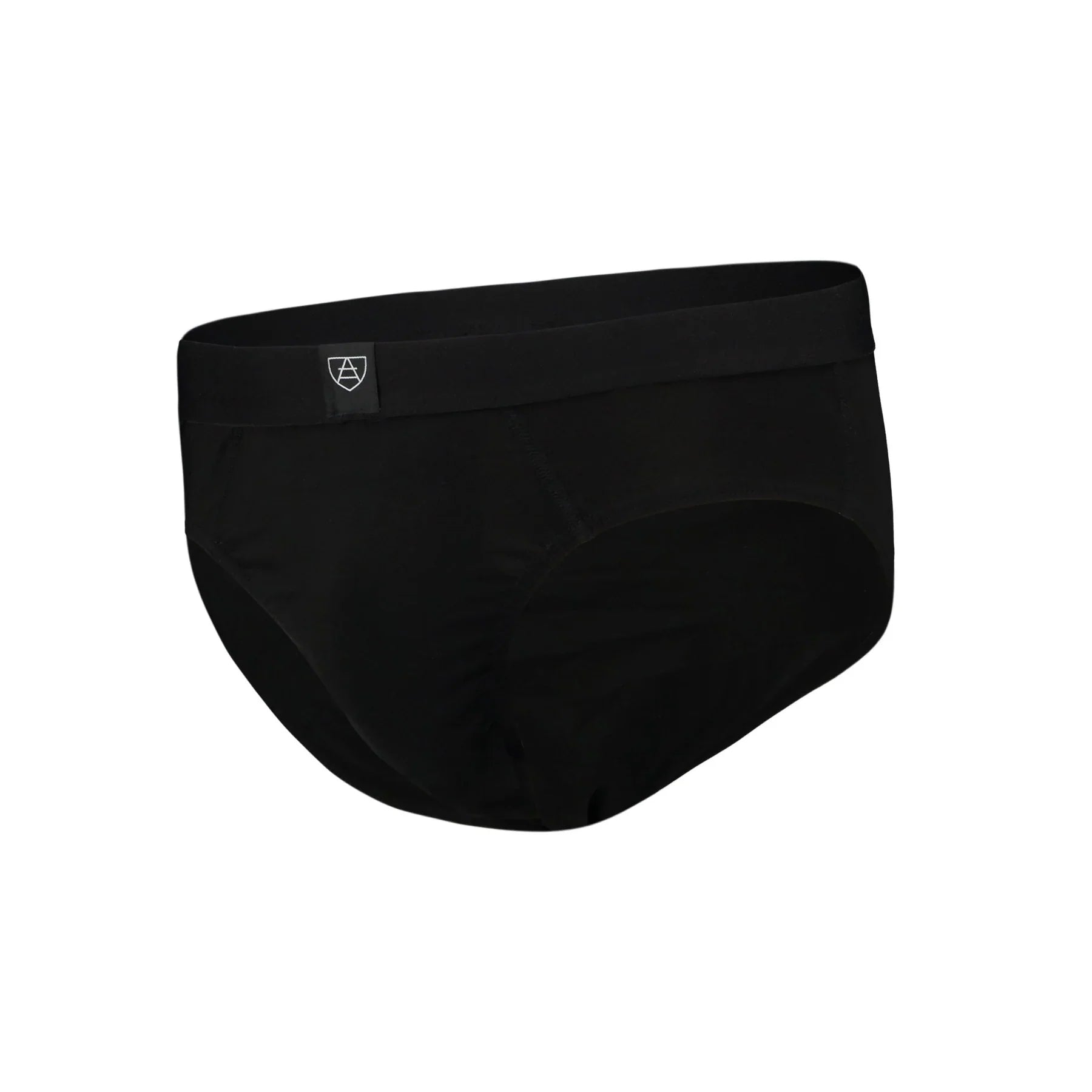 All-In-One Packing Briefs: black mens briefs with subtle elastic waistband and logo tag