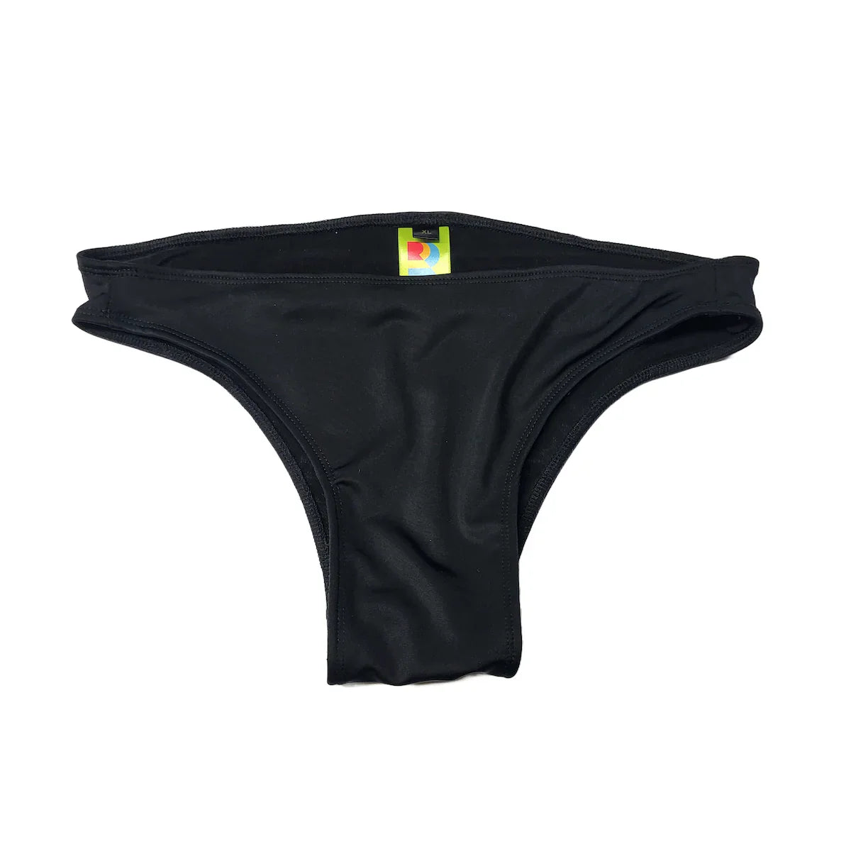 Black Cheeky Shaping Bikini Bottom in stretchy fabric with colorful tag