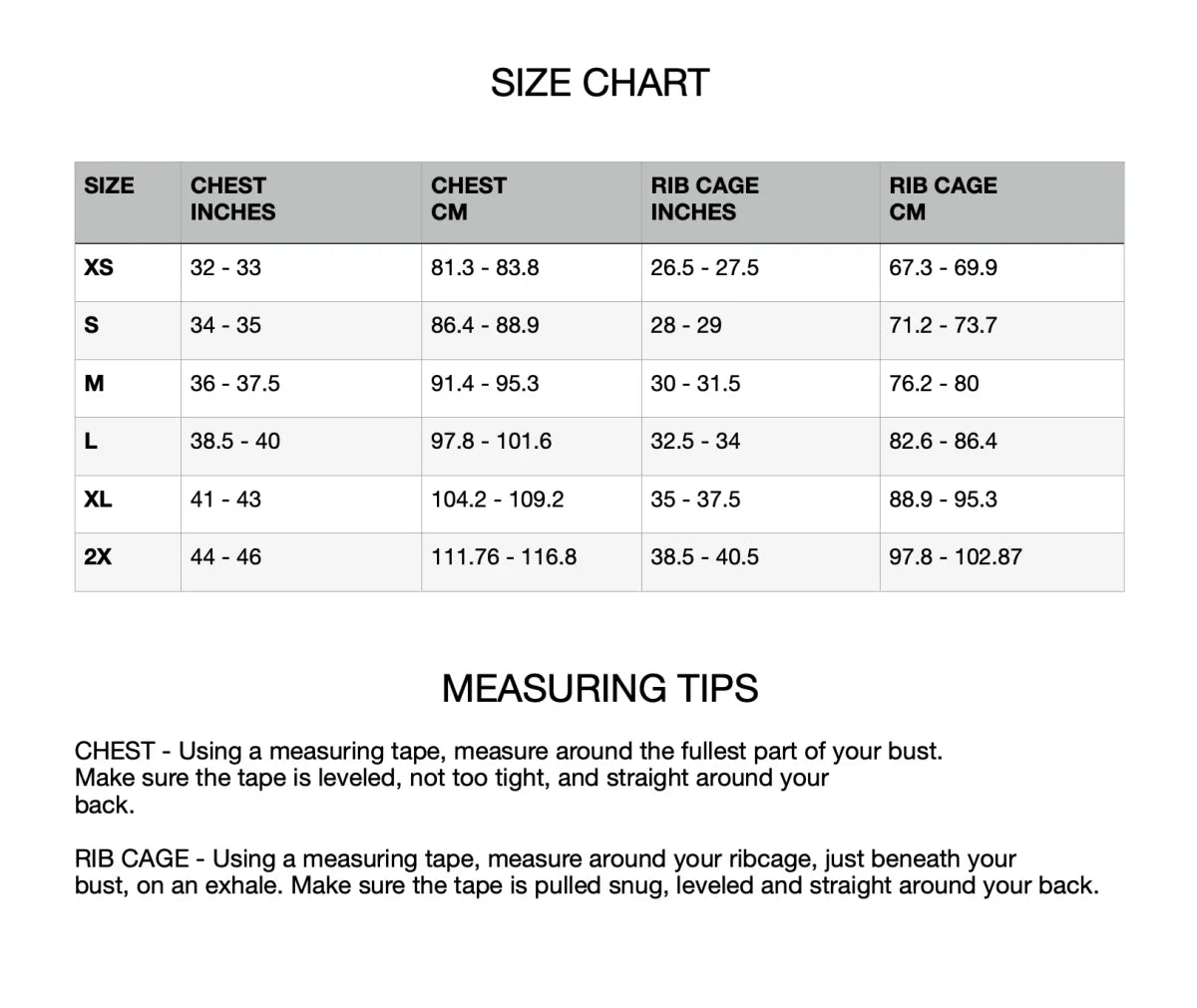 Size chart for compression top showing chest and rib cage measurements in inches and centimeters from xs to 2x