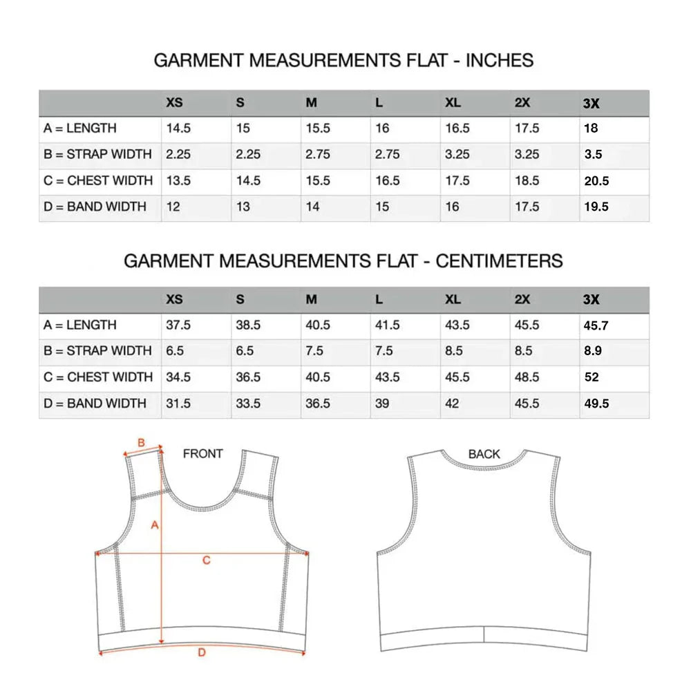 Garment size chart for compression top sleeveless with measurements in inches and centimeters from xs to 3x sizes