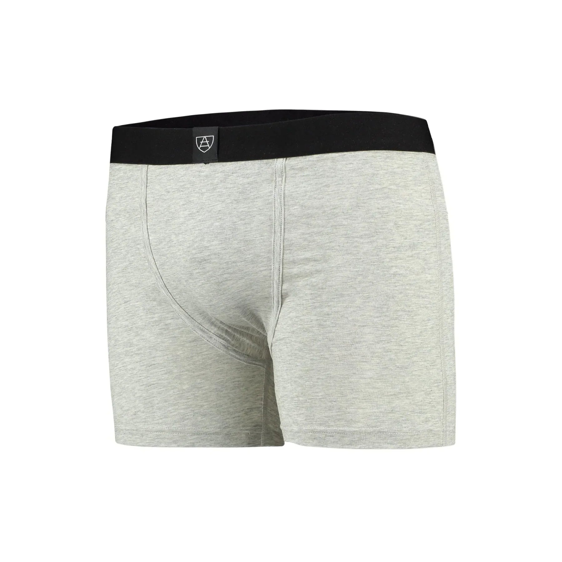 Gray heathered All-In-One Packing Boxers with black waistband logo