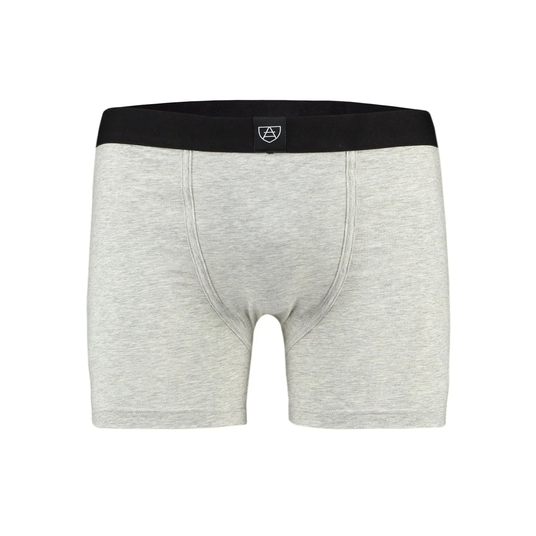 Gray heathered All-In-One Packing Boxers with black waistband and white logo
