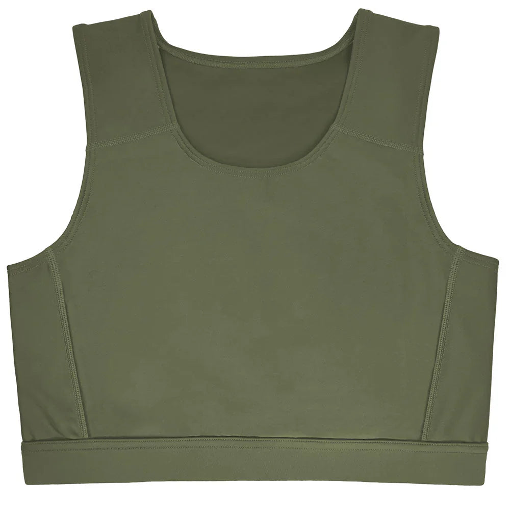 Olive green sleeveless compression top sports bra with square neckline