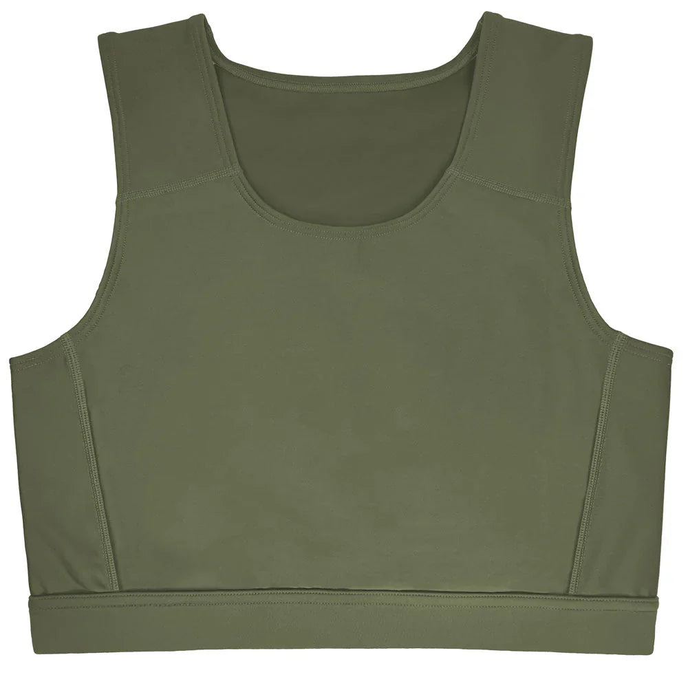 Olive green seamless sleeveless compression top with scoop neckline.