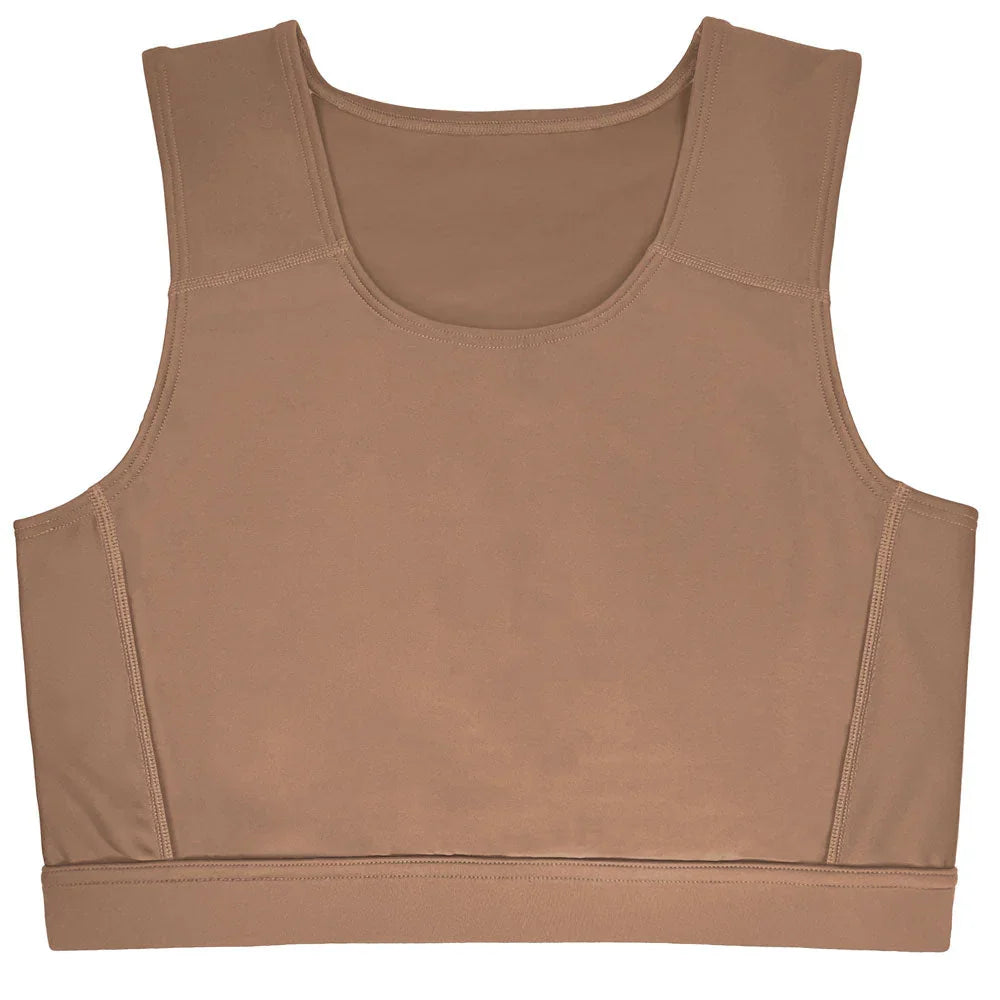 Tan sleeveless compression top with round neckline and seamless construction for compressive bind.