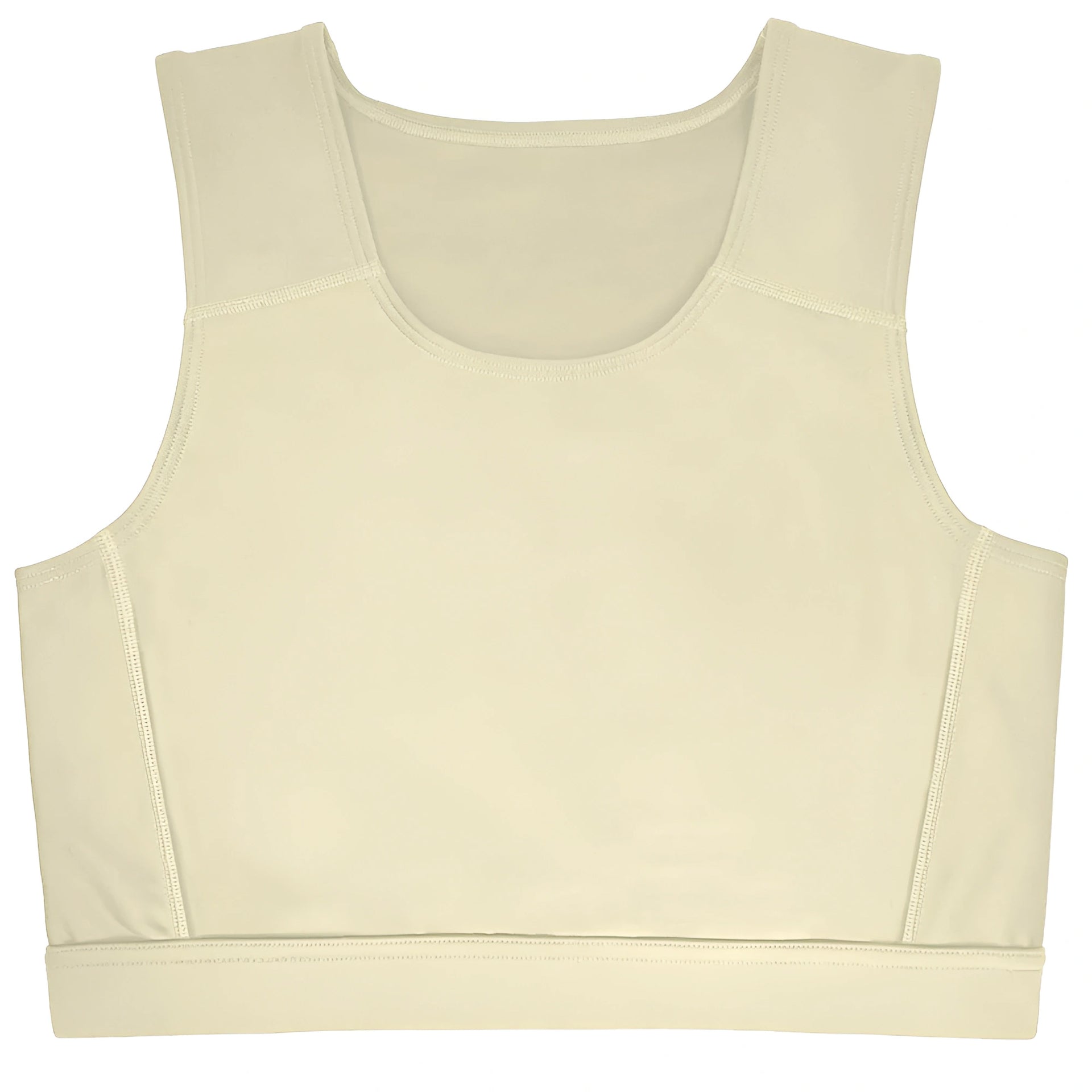 Cream-colored seamless compression top with round neckline and side seam detailing for chest binding.