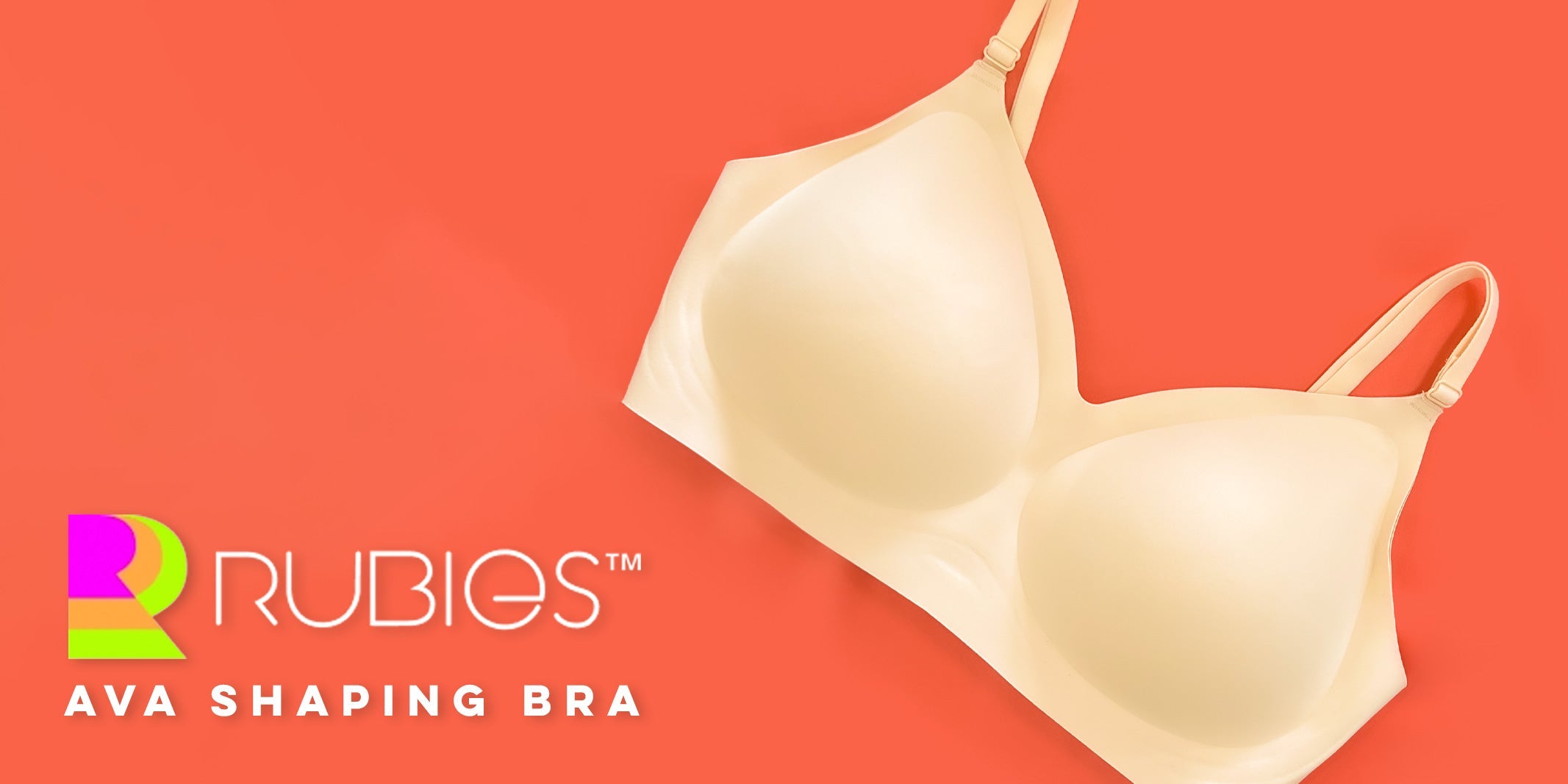 Beige transgender bra on plain background with Rubies Shine Logo and text saying "Ava shaping bra"