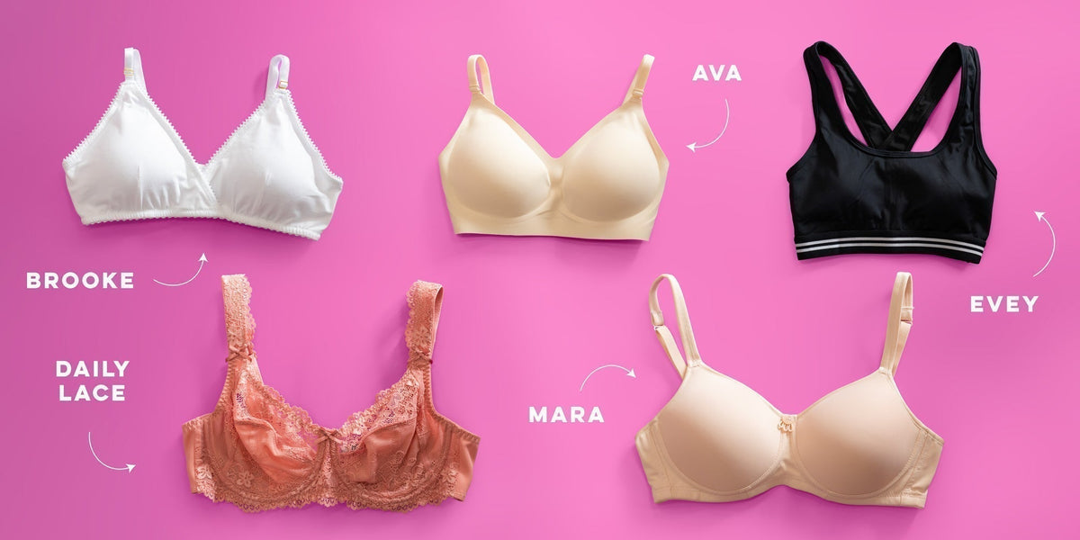 5 bras for trans women and MTF with name labels on a pink background