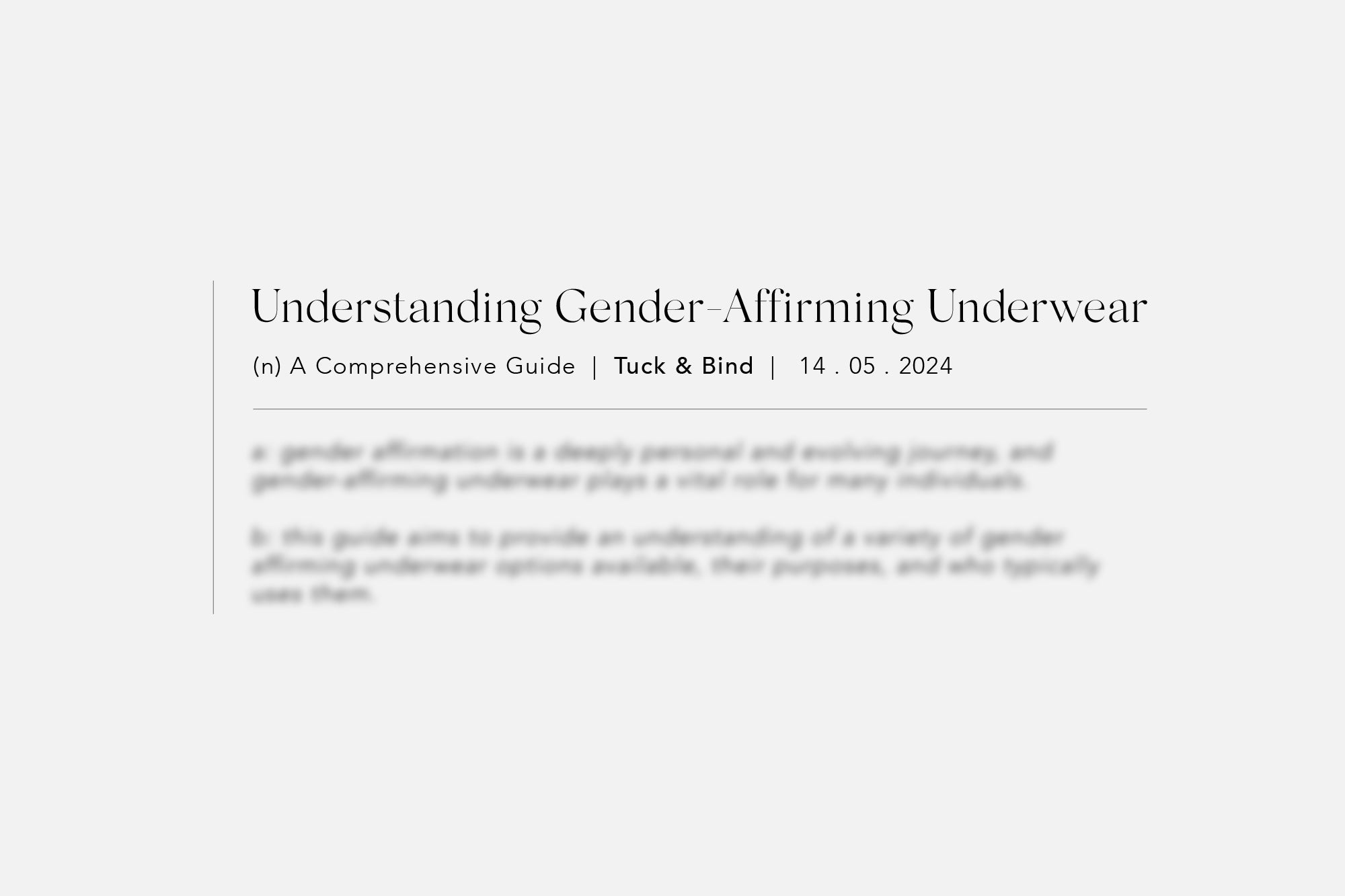 A minimalist white paper cover for a guide titled understanding gender affirming underwear by tuck & bind