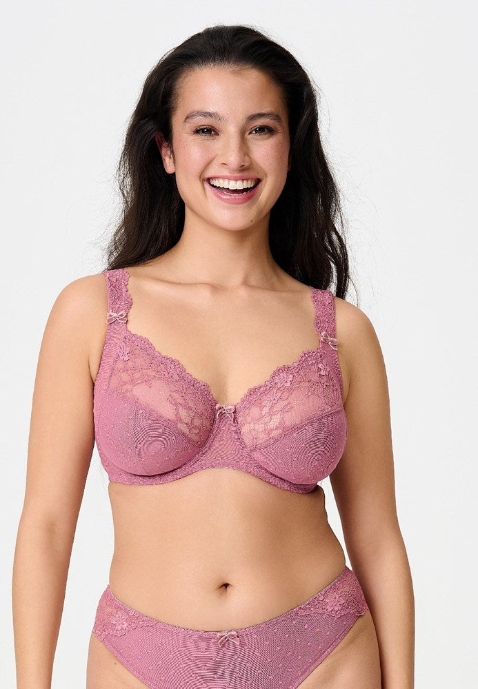 Pink lace daily full coverage bra with delicate floral patterns and matching pink lace panties set