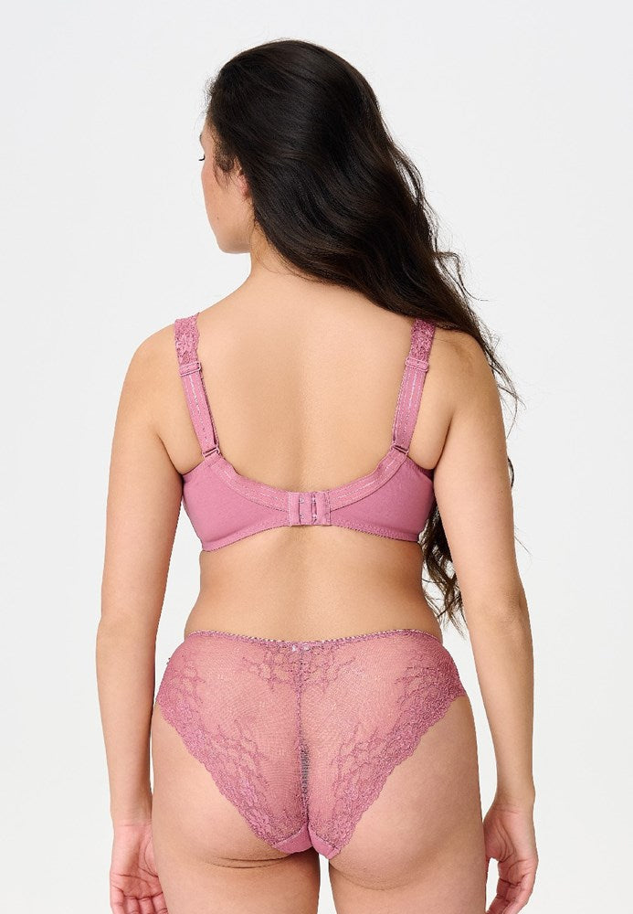 Pink lace daily full coverage bra set with adjustable straps and high-waisted floral lace panties