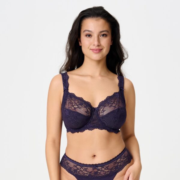 Navy blue daily full coverage lace bra with delicate floral patterns and adjustable straps for comfortable wear