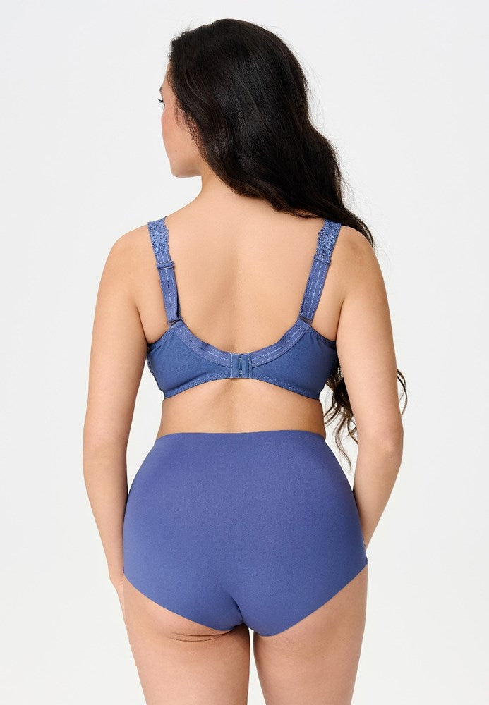 Blue lace-trimmed daily full coverage bra and matching high-waisted briefs set made from delicate lace fabric
