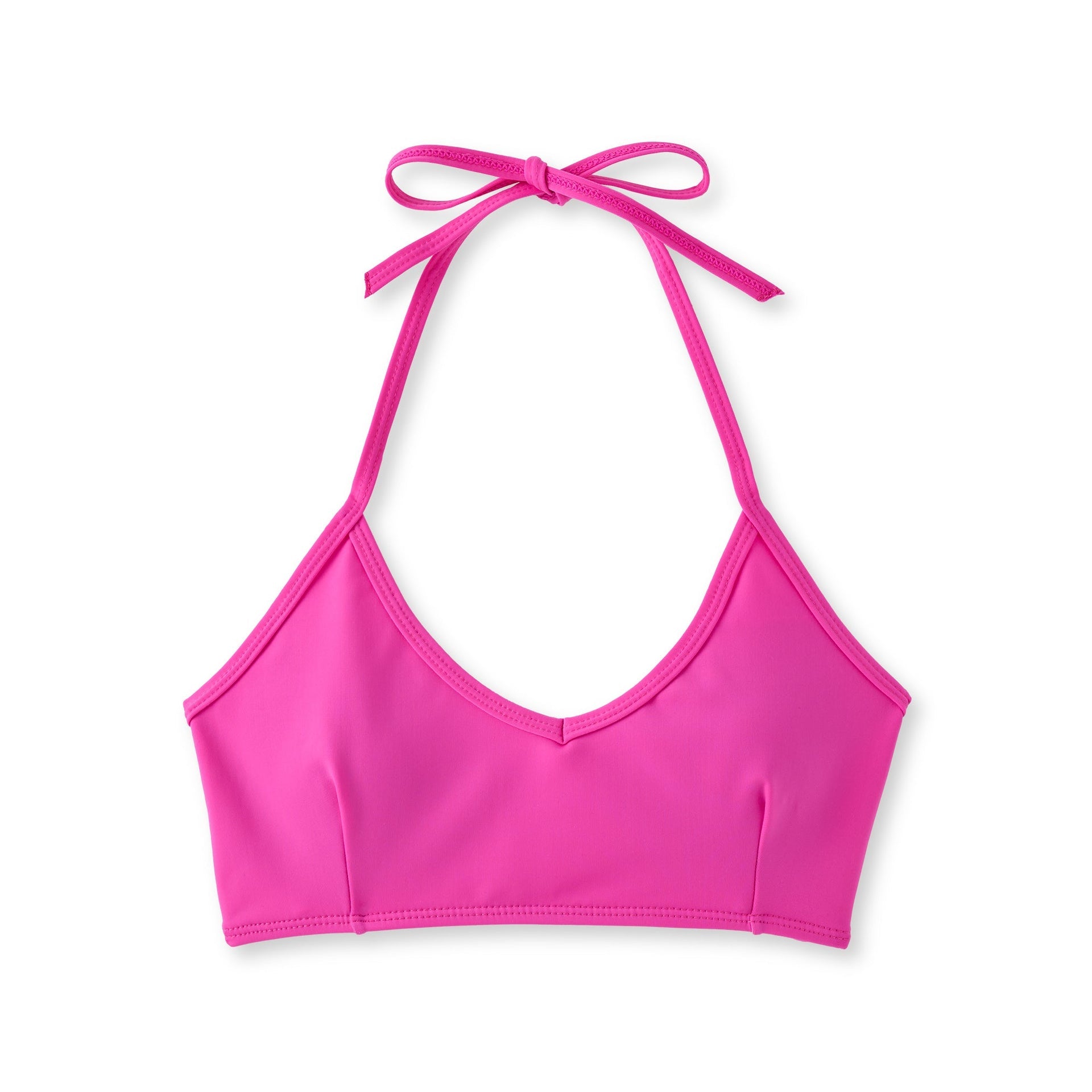 Bright pink Mia Halter Bikini Top with tied neckband and stretchy fabric