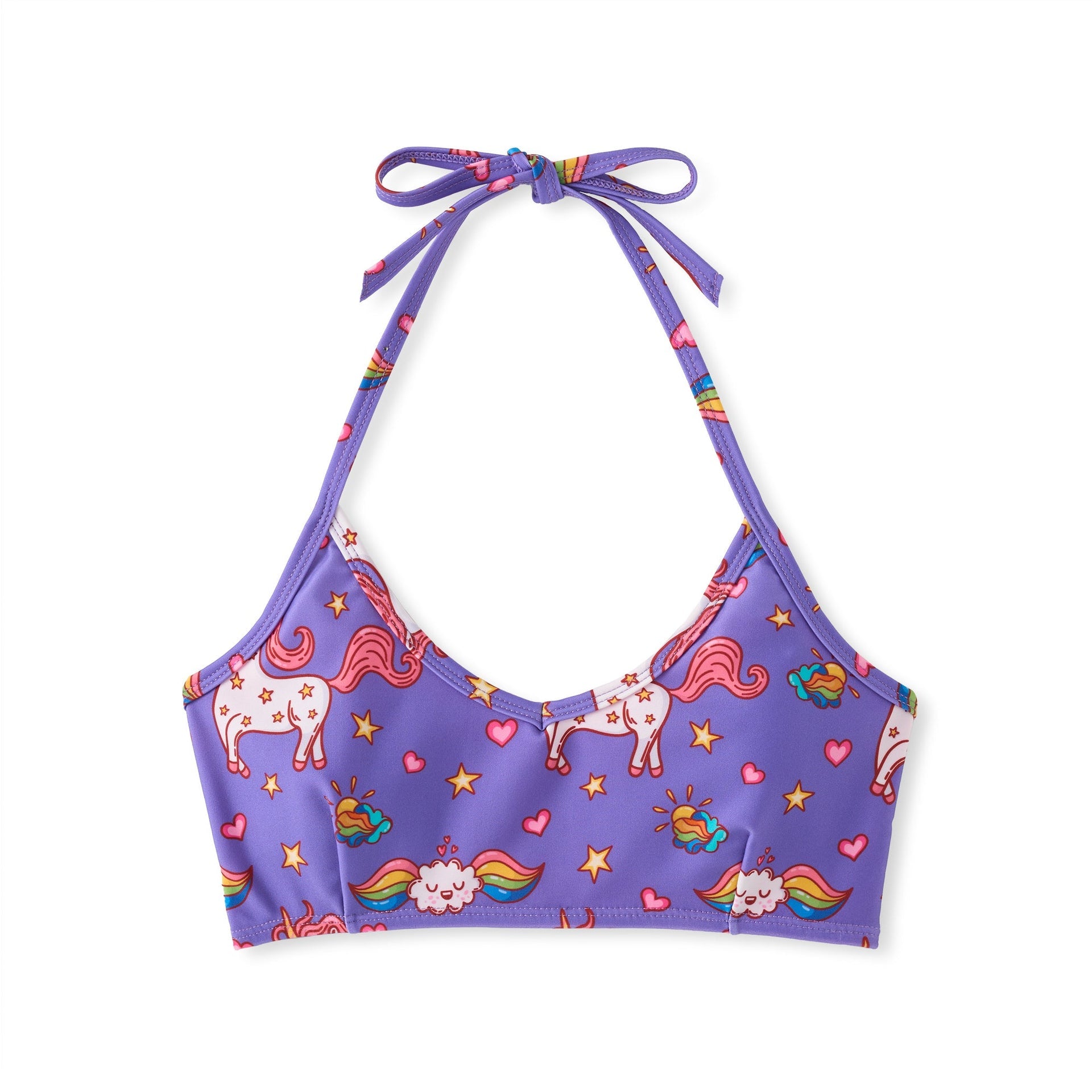 Purple Mia Halter Bikini Top with unicorn, rainbow cloud, star pattern