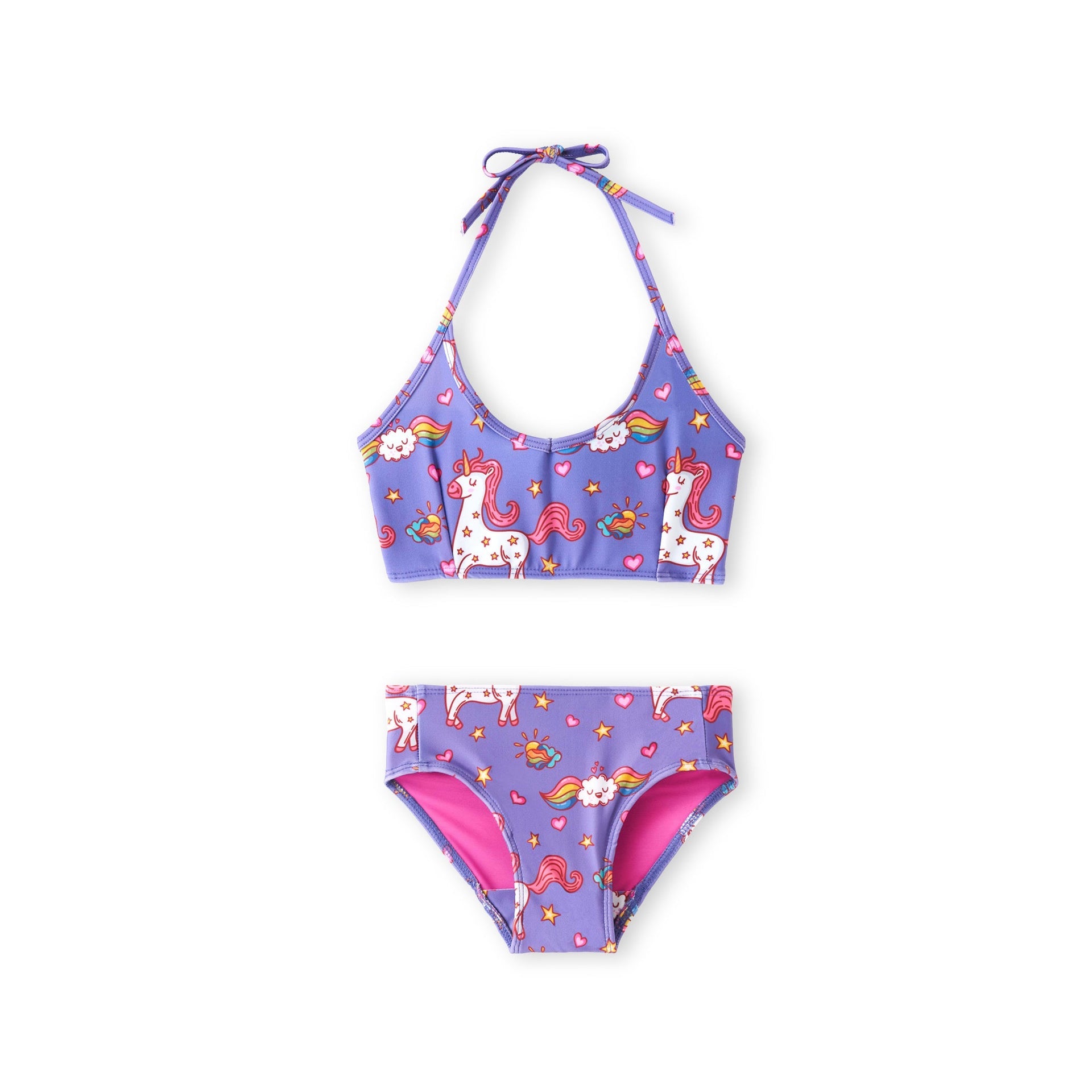 Purple unicorn Mia halter bikini top with matching bottoms and pink lining