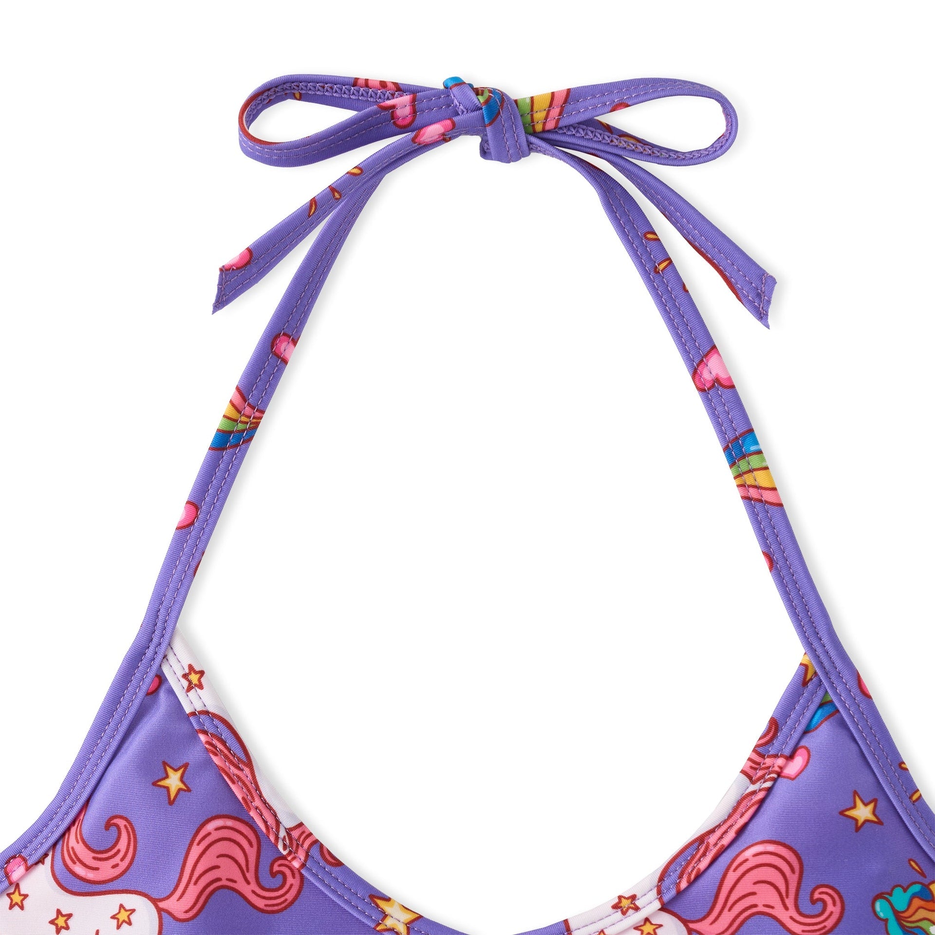 Mia halter bikini top in purple with unicorn and rainbow print