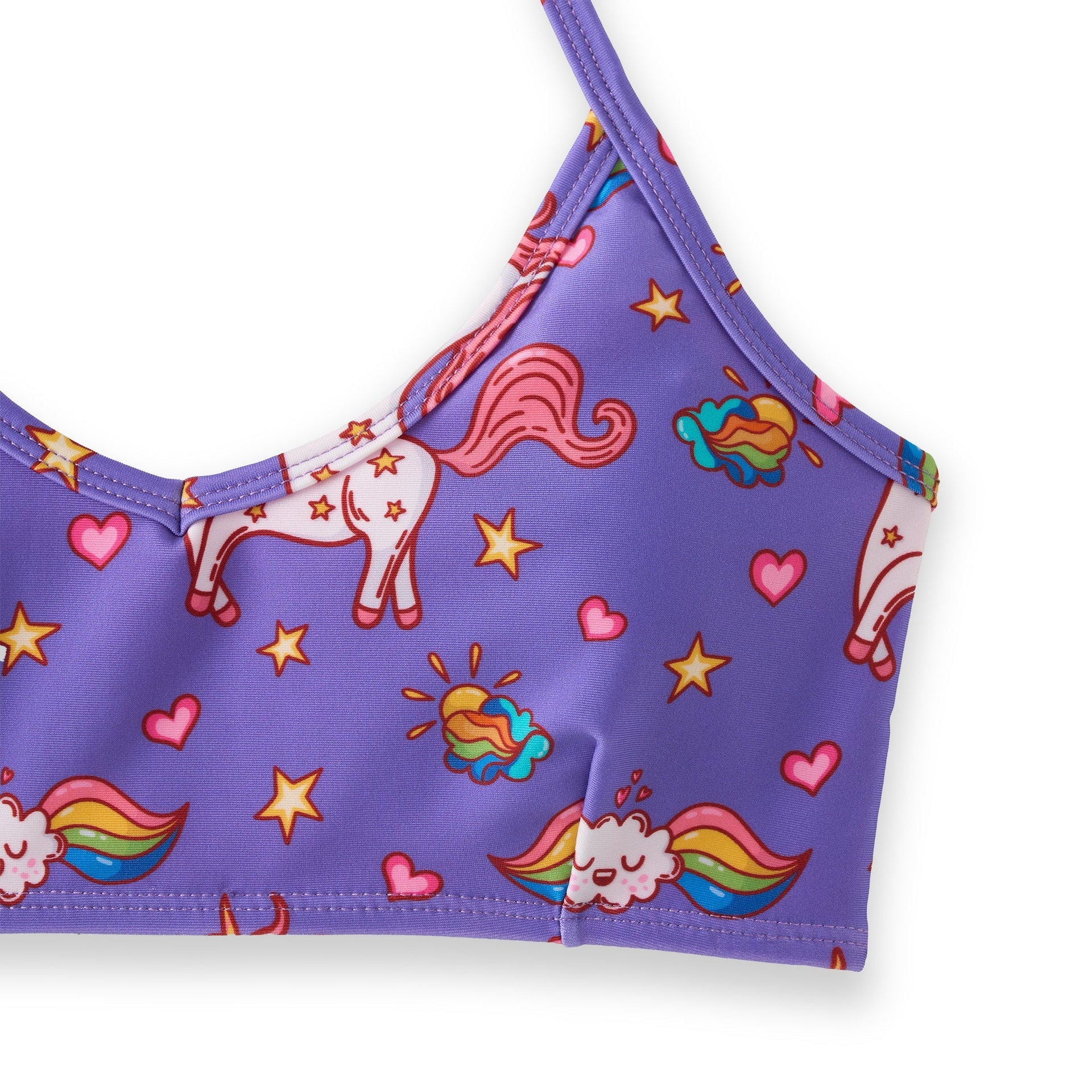 Purple unicorn Mia Halter Bikini Top with rainbow clouds and hearts