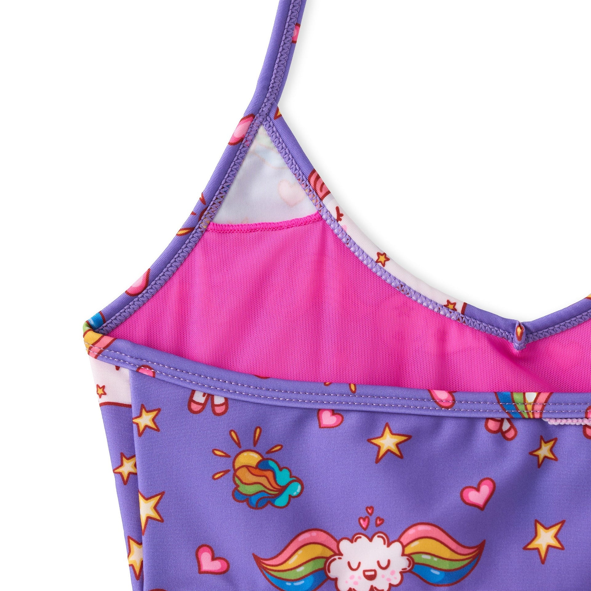 Purple pink unicorn one-piece swimsuit with rainbow clouds stars hearts