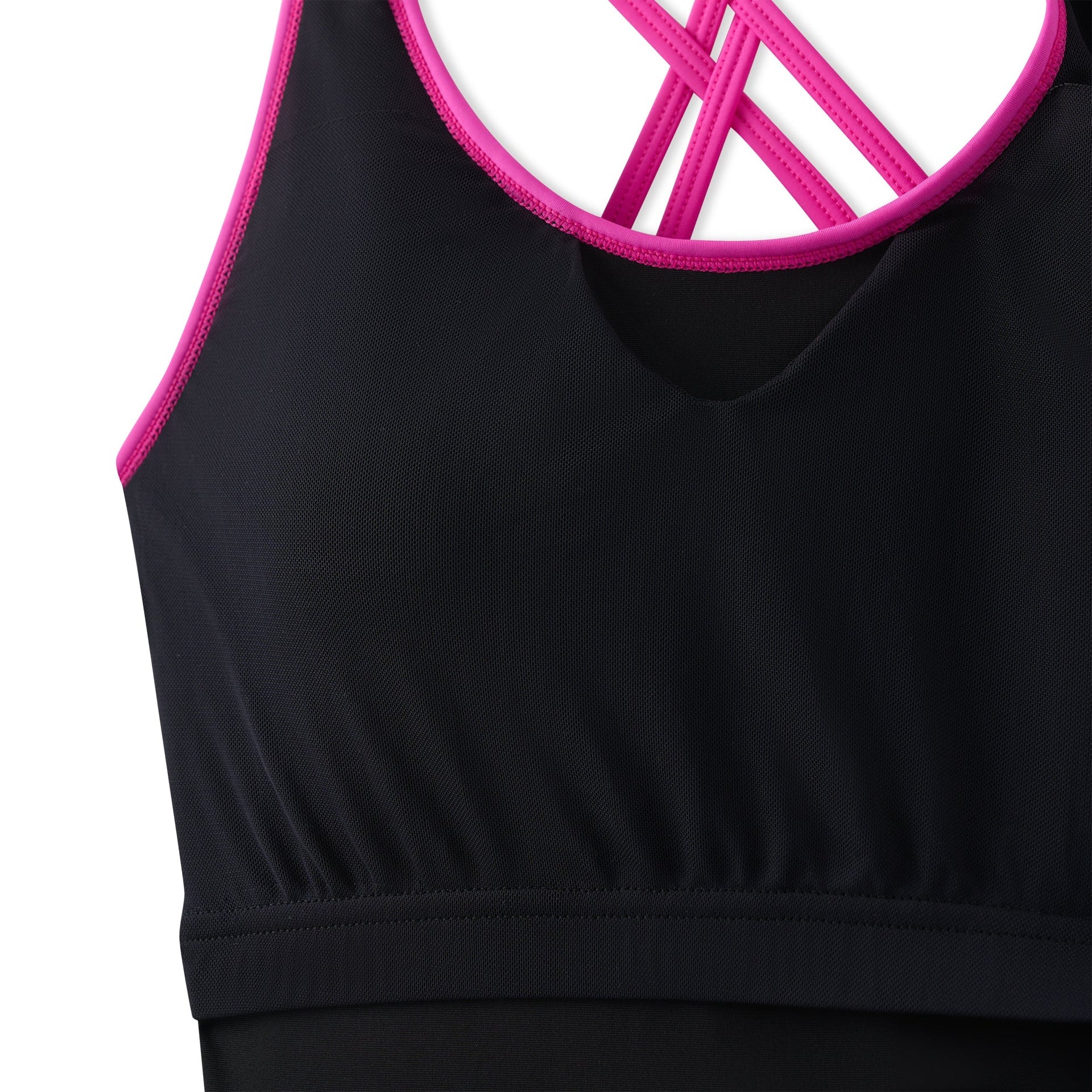 Sunny Queeny Tankini: black sports bra with pink crisscross back straps