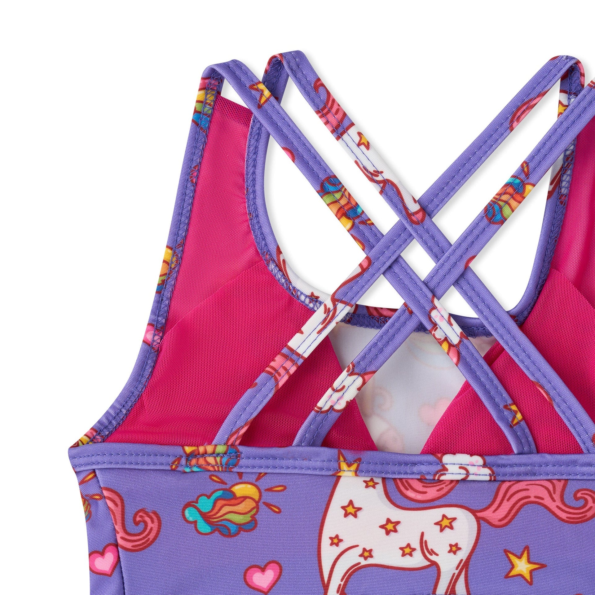 Sunny Queeny Tankini: purple and pink unicorn swimsuit with crisscross straps